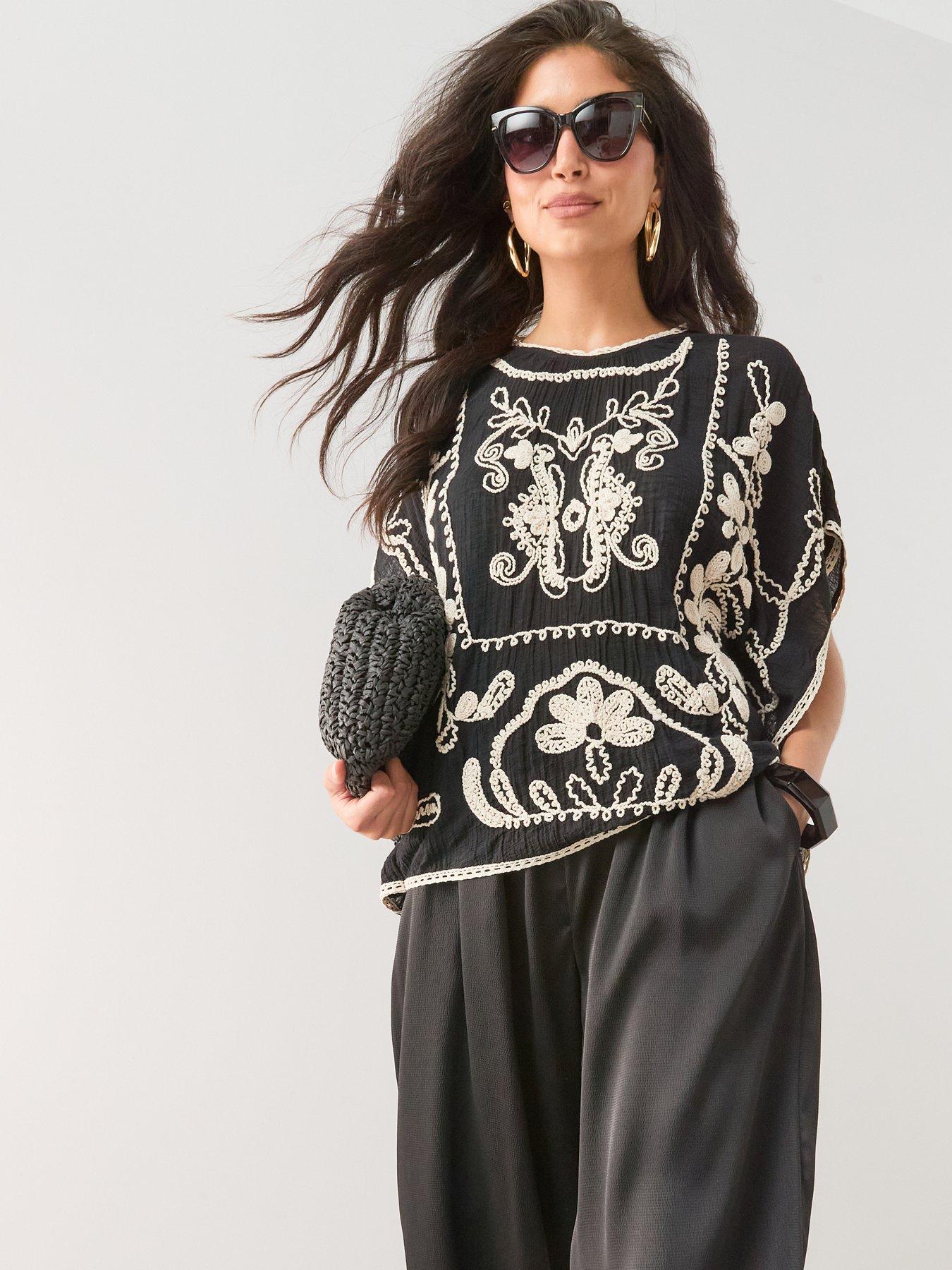 The Very Collection Embroidered Kimono Sleeve Blouse - Black