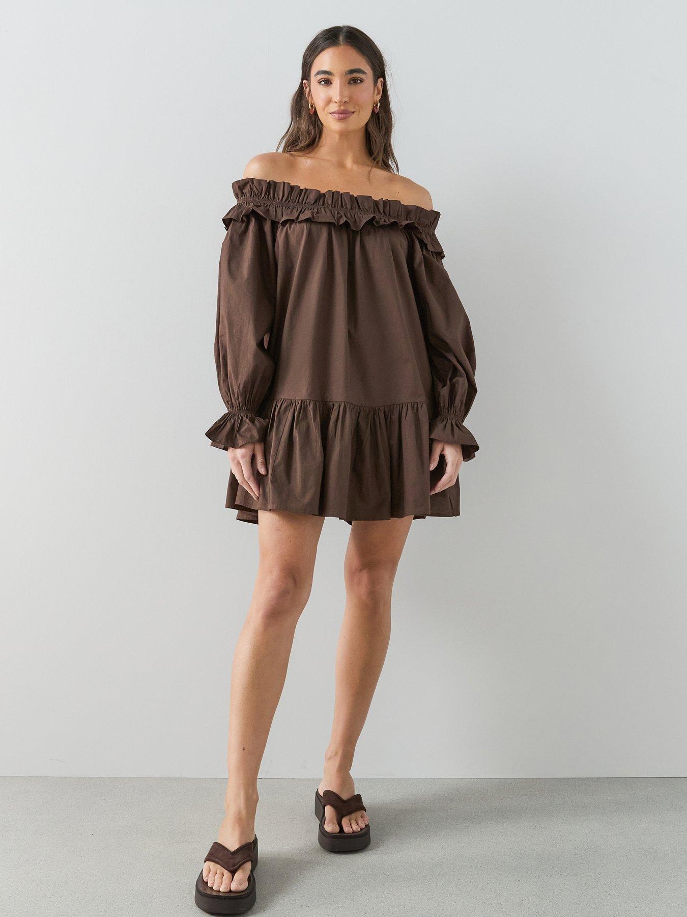 The Very Collection Bardot Frill Long Sleeve Mini Dress - Brown