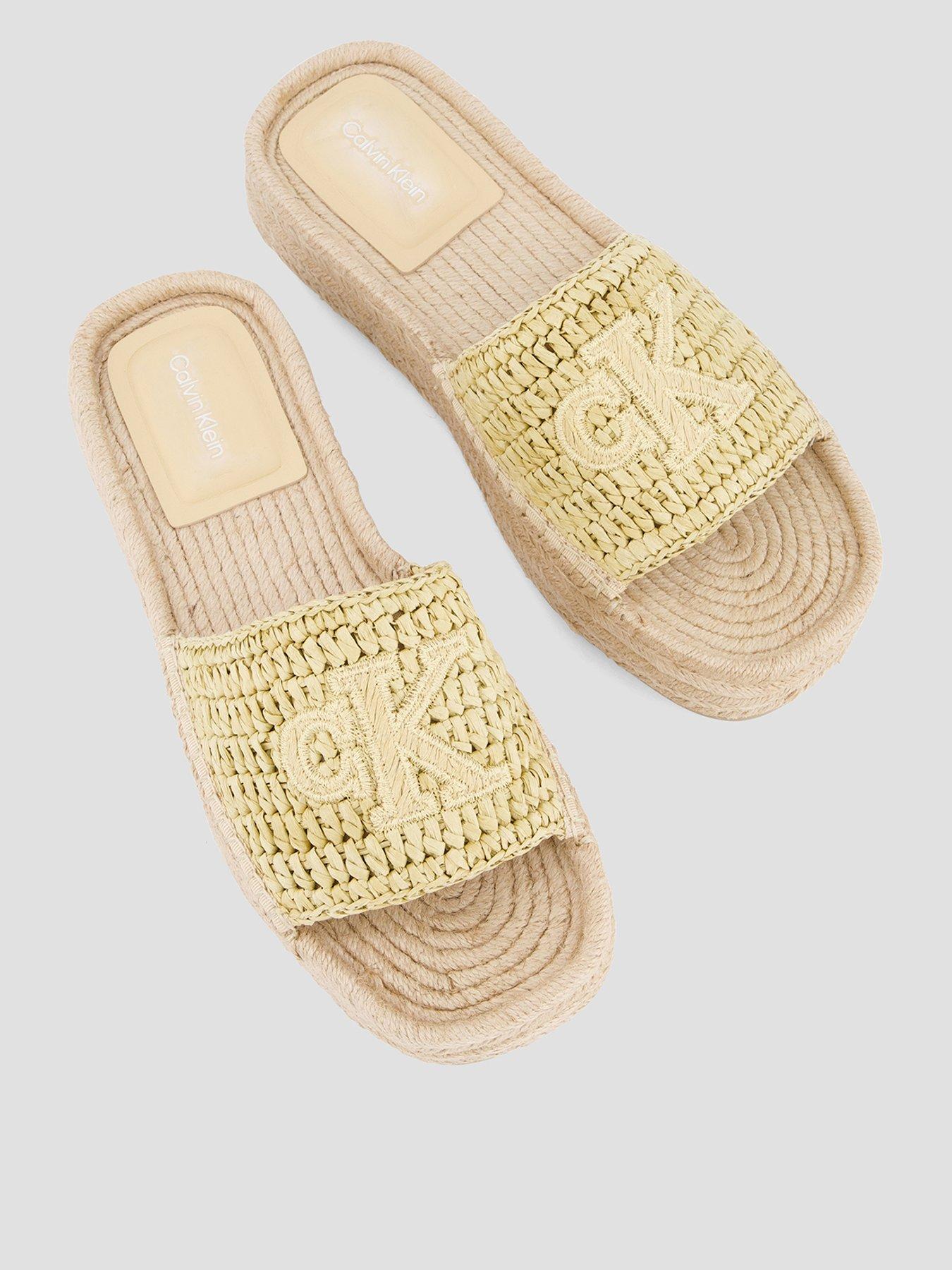 Calvin Klein Flat Espadrille Raffia Sliders  - Beige