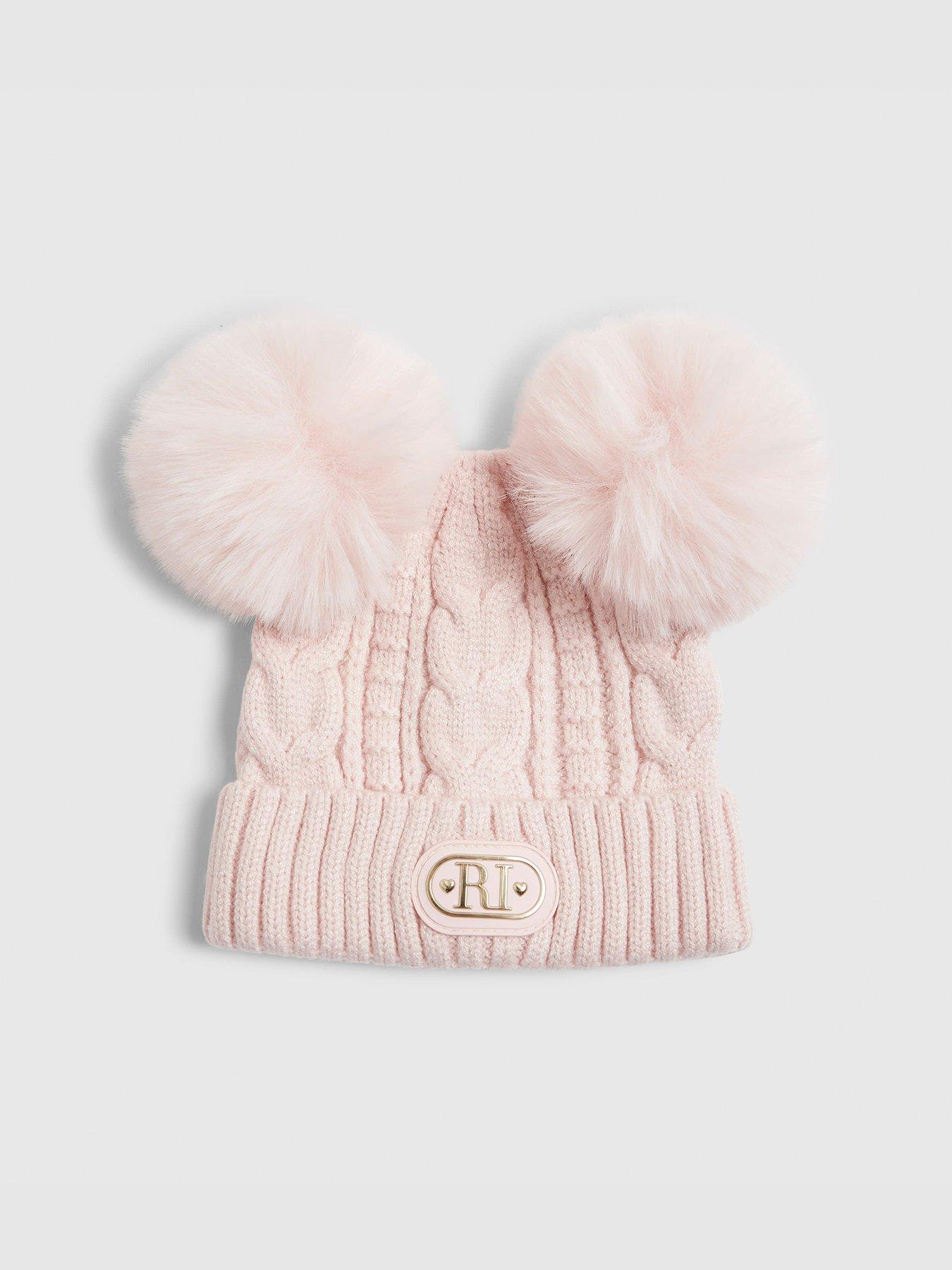 Image 1 of 3 of River Island Baby Girls Double Pom Bow Beanie Hat - Pink