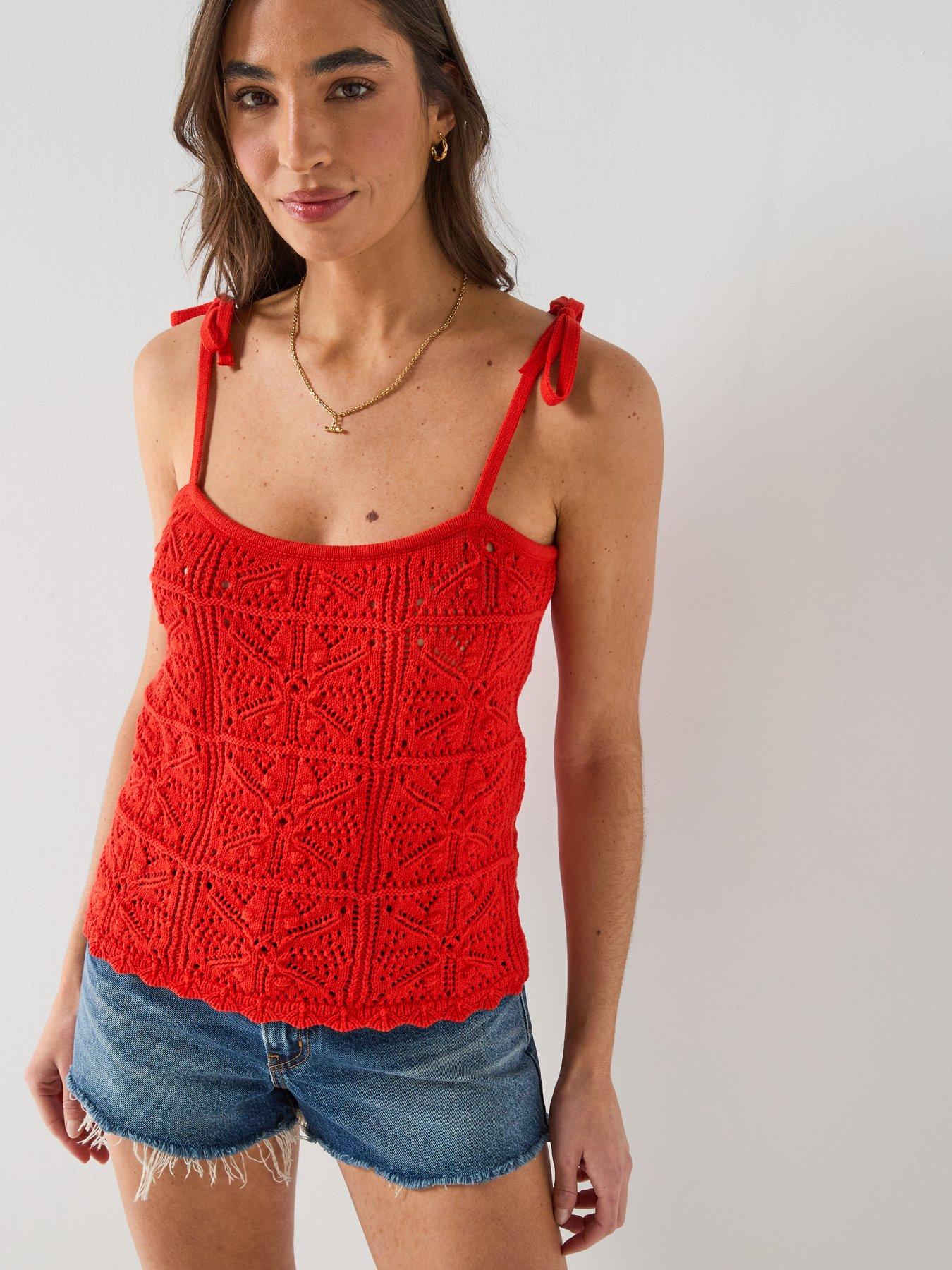 Image 1 of 6 of Levi's Abbey Tie Shoulder Crochet Tank - Red