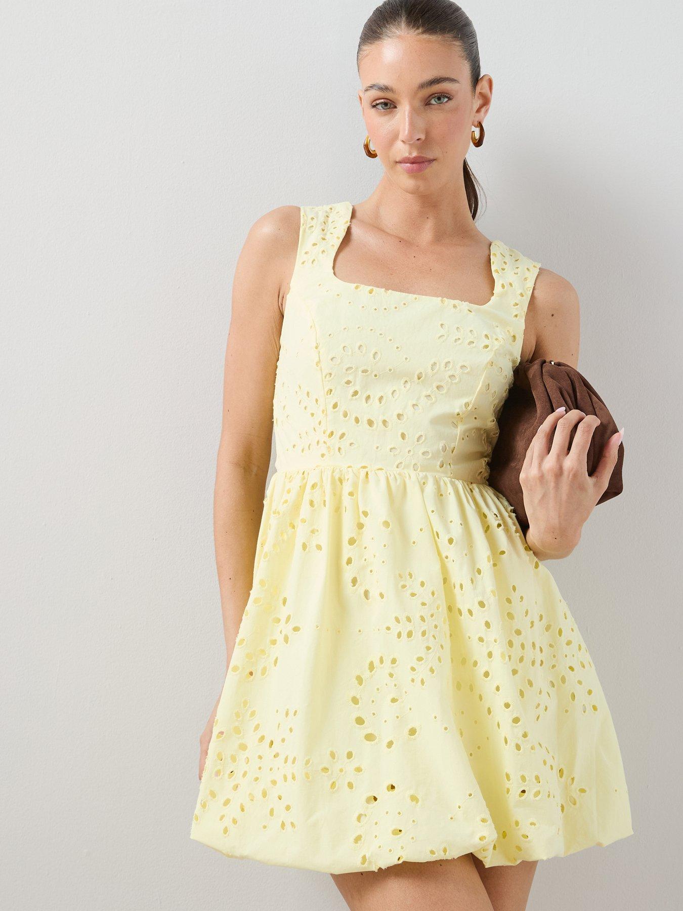The Very Collection Broderie Square Neck Puffball Mini Dress - Yellow