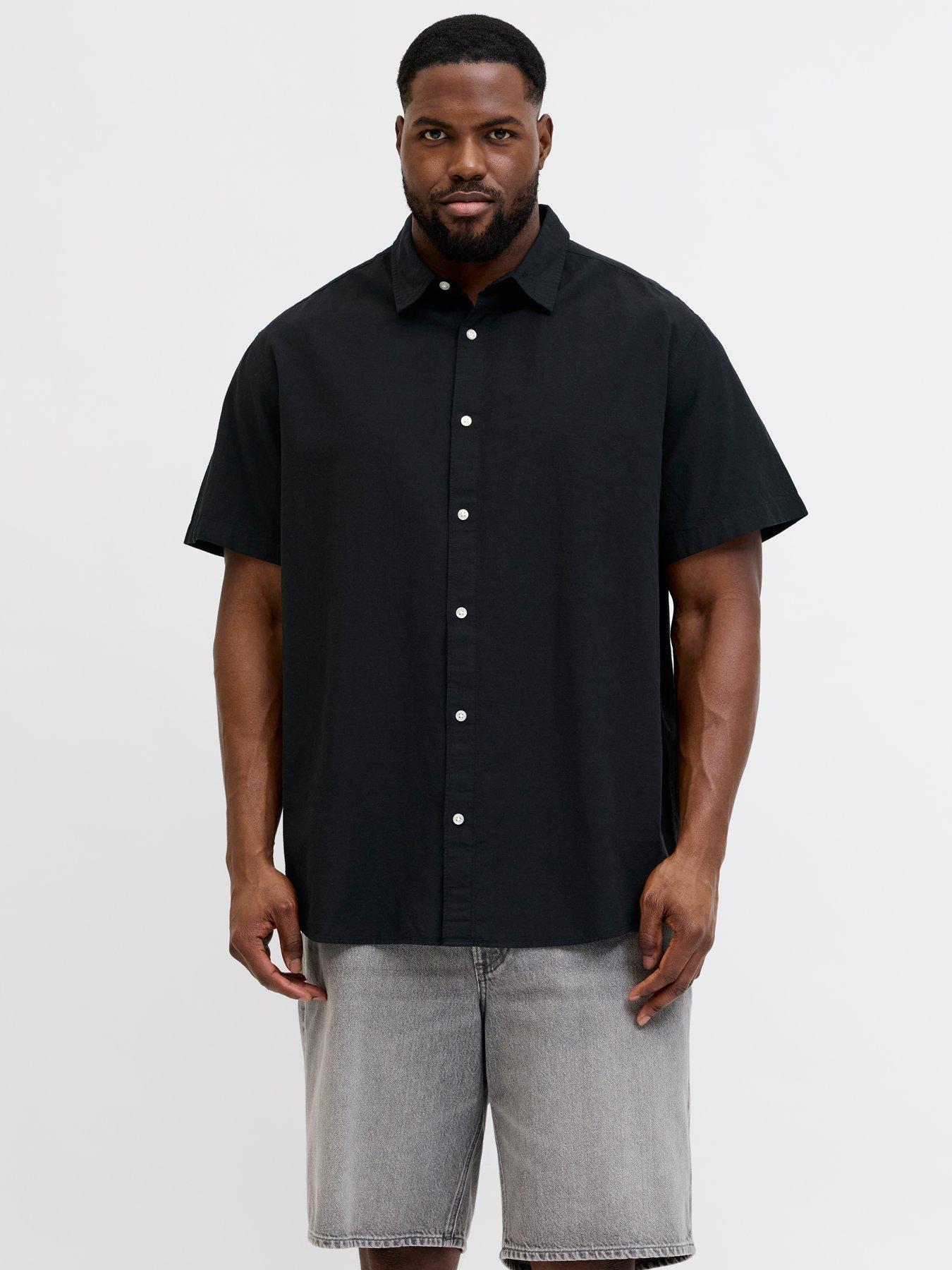 Image 2 of 7 of Jack & Jones Plus Breeze Linen Blend Shirt Short Sleeve Shirt - Black