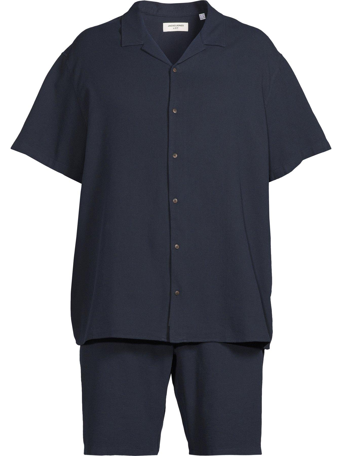 Image 5 of 5 of Jack & Jones Plus Waffle Resort Short Sleeve Shirt And Short Set - Navy
