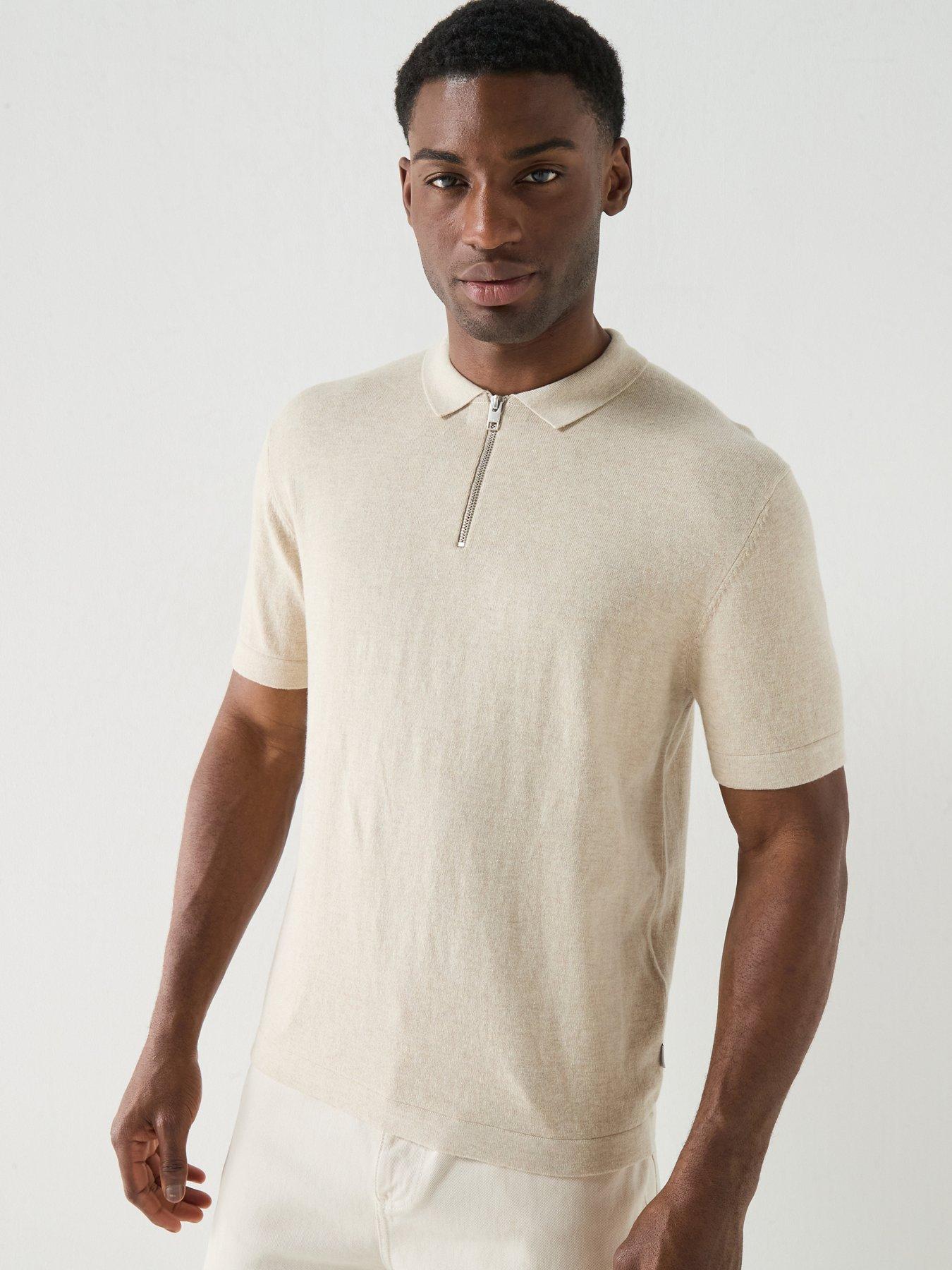 Jack & Jones Emil Zip Through Short Sleeve Knitted Polo Top - Oatmeal