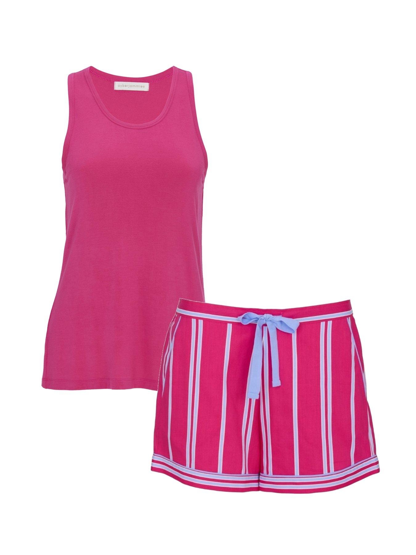 Cyberjammies Cyberjammies Chloe Pink Jersey Bus Vest & Printed Stripe Shorts Set - Pink