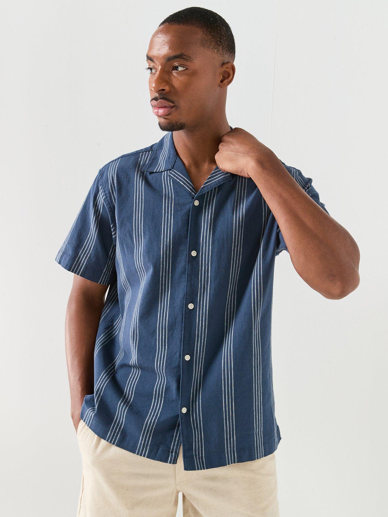 Image 1 of 4 of Jack & Jones Stripe Short Sleeve Resort Shirt - Navy