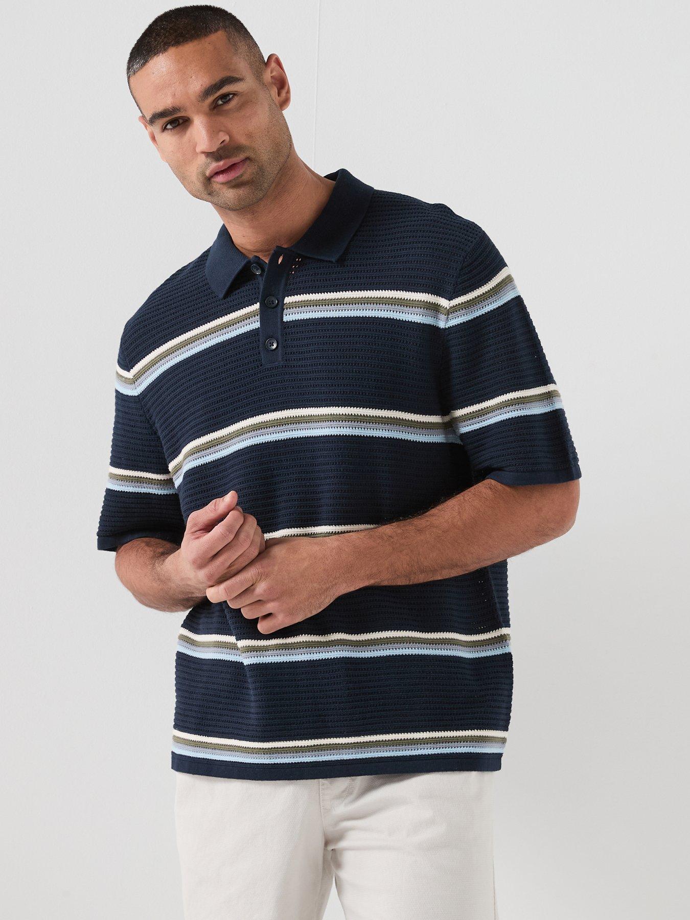 Jack & Jones Maine Stripe Knitted Polo Shirt - Navy