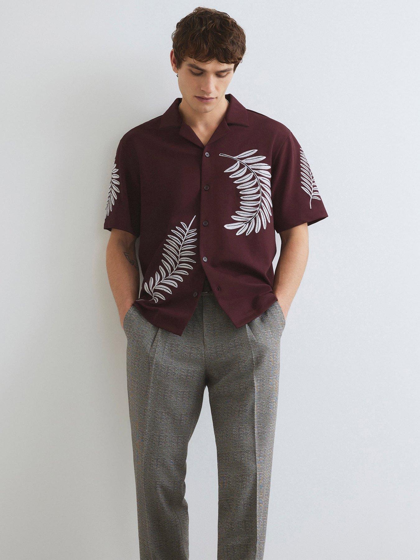 River Island Short Sleeve Leaf Embroiderd Shirt - Brown