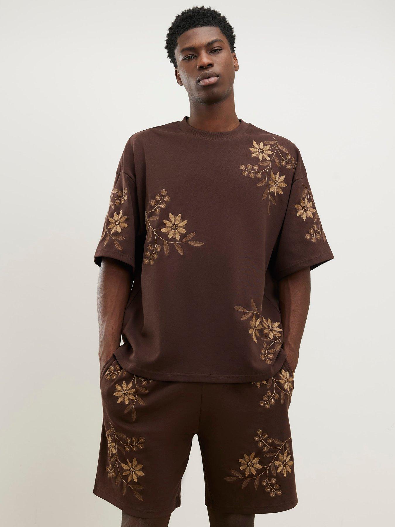River Island Short Sleeve Tonal Floral T-Shirt - Brown