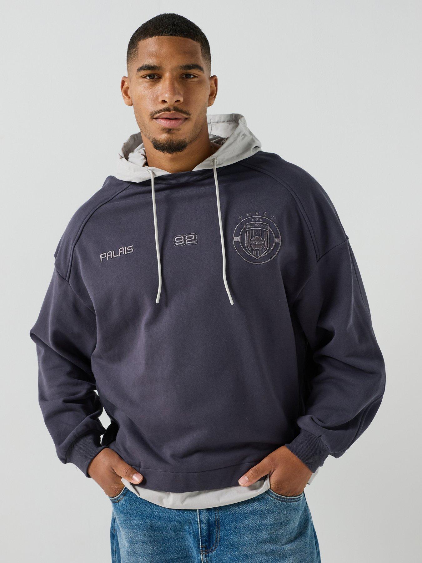 Image 1 of 5 of River Island Woven Mix Palais Hoodie - Navy