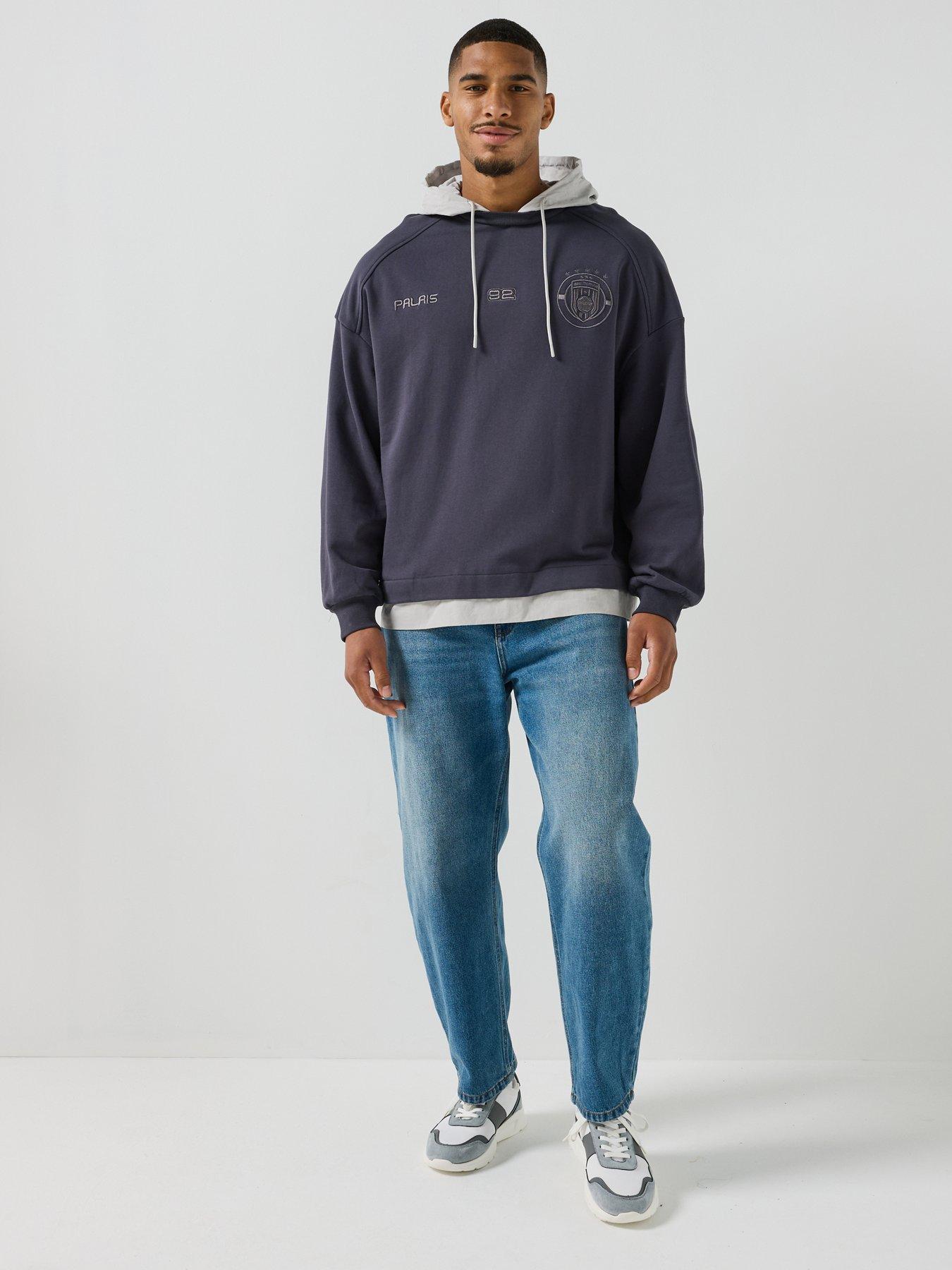 Image 3 of 5 of River Island Woven Mix Palais Hoodie - Navy