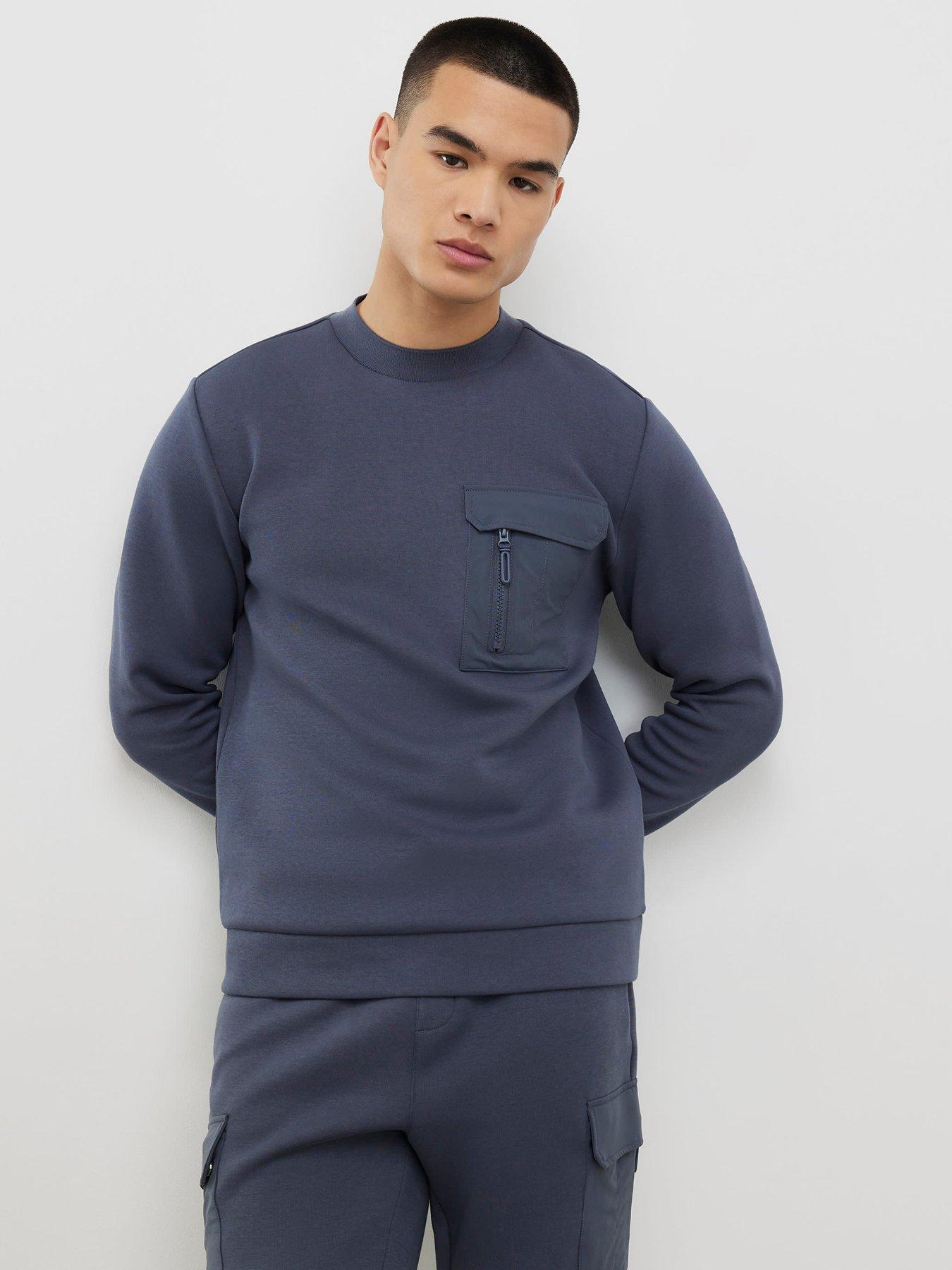 river-island-slim-nylon-pocket-long-sleeve-crew-sweatshirt-greyfront