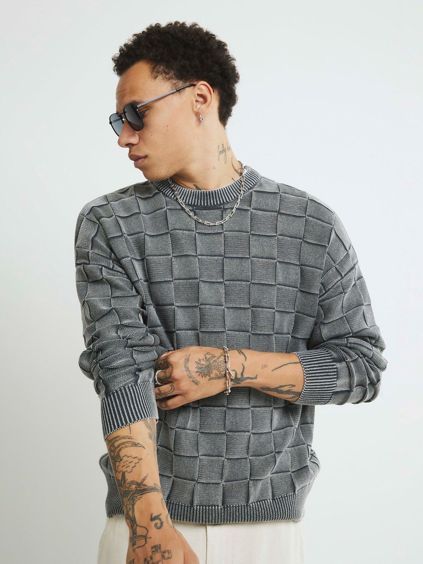 Image 1 of 4 of River Island Long Sleeve Washed Checkerboard Crew - Grey
