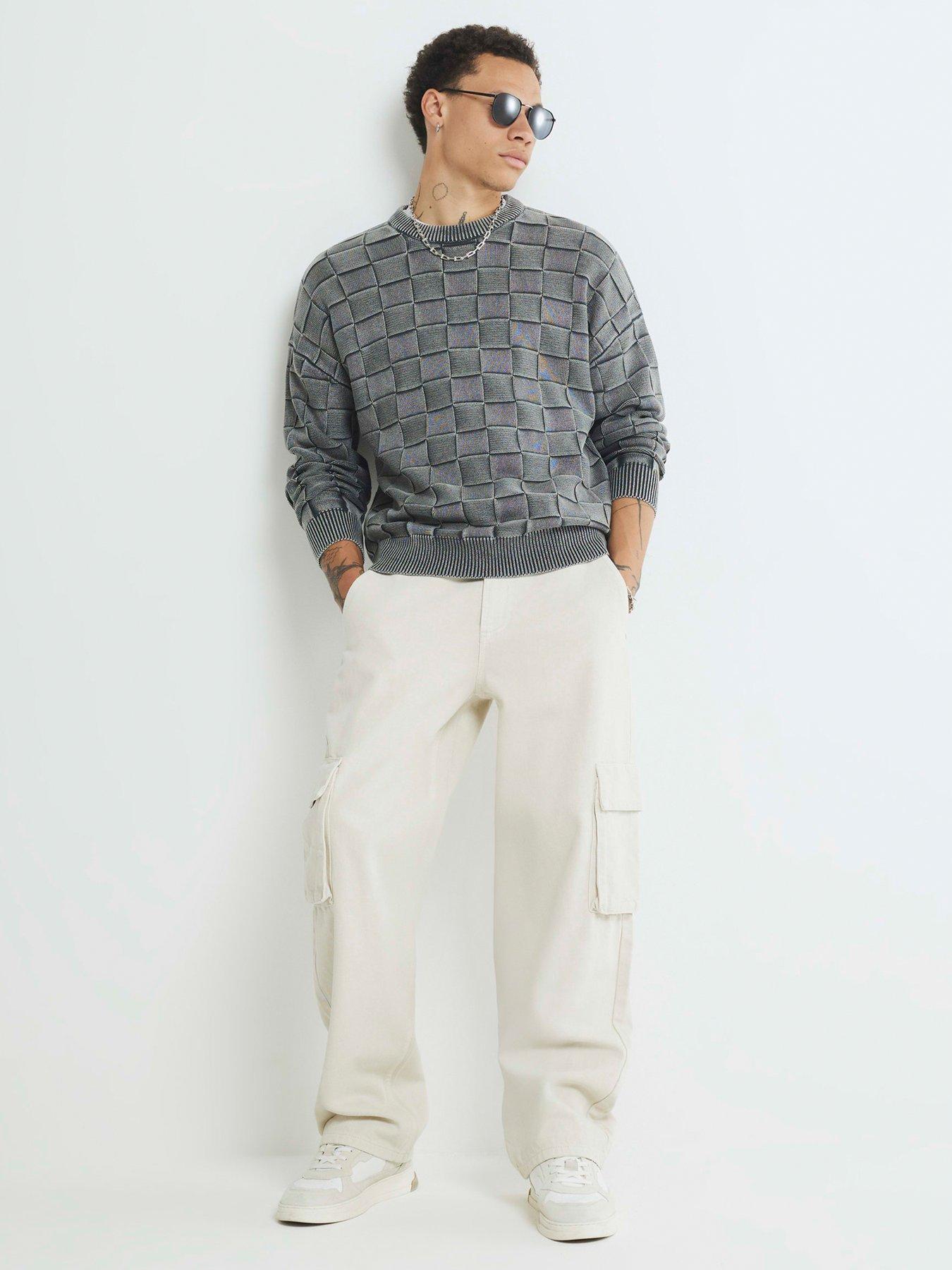 Image 3 of 4 of River Island Long Sleeve Washed Checkerboard Crew - Grey