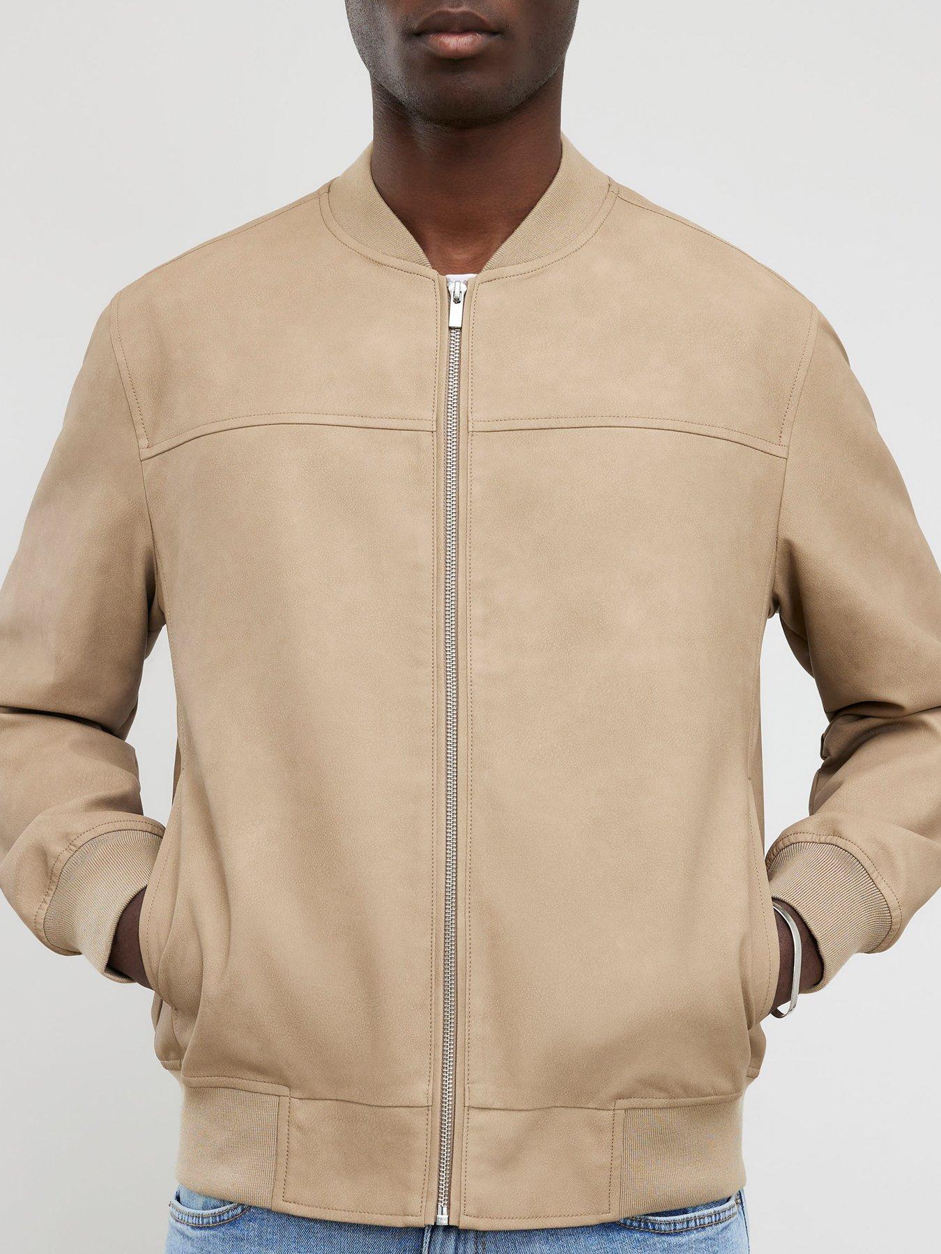 Image 4 of 4 of River Island Faux Leather Bomber Jacket - Beige