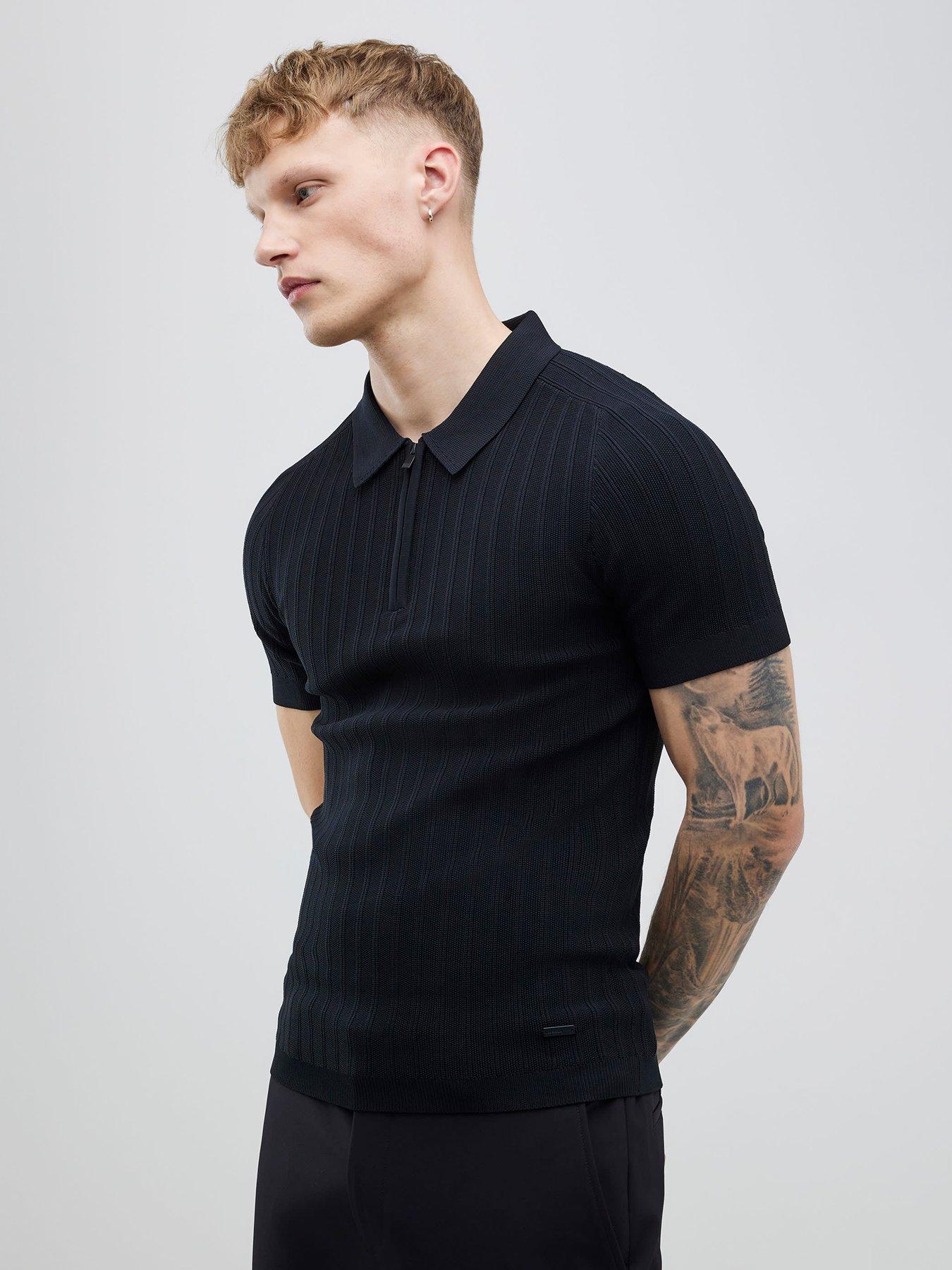 river-island-short-sleeve-ribbed-muscle-fit-polo-shirt-black