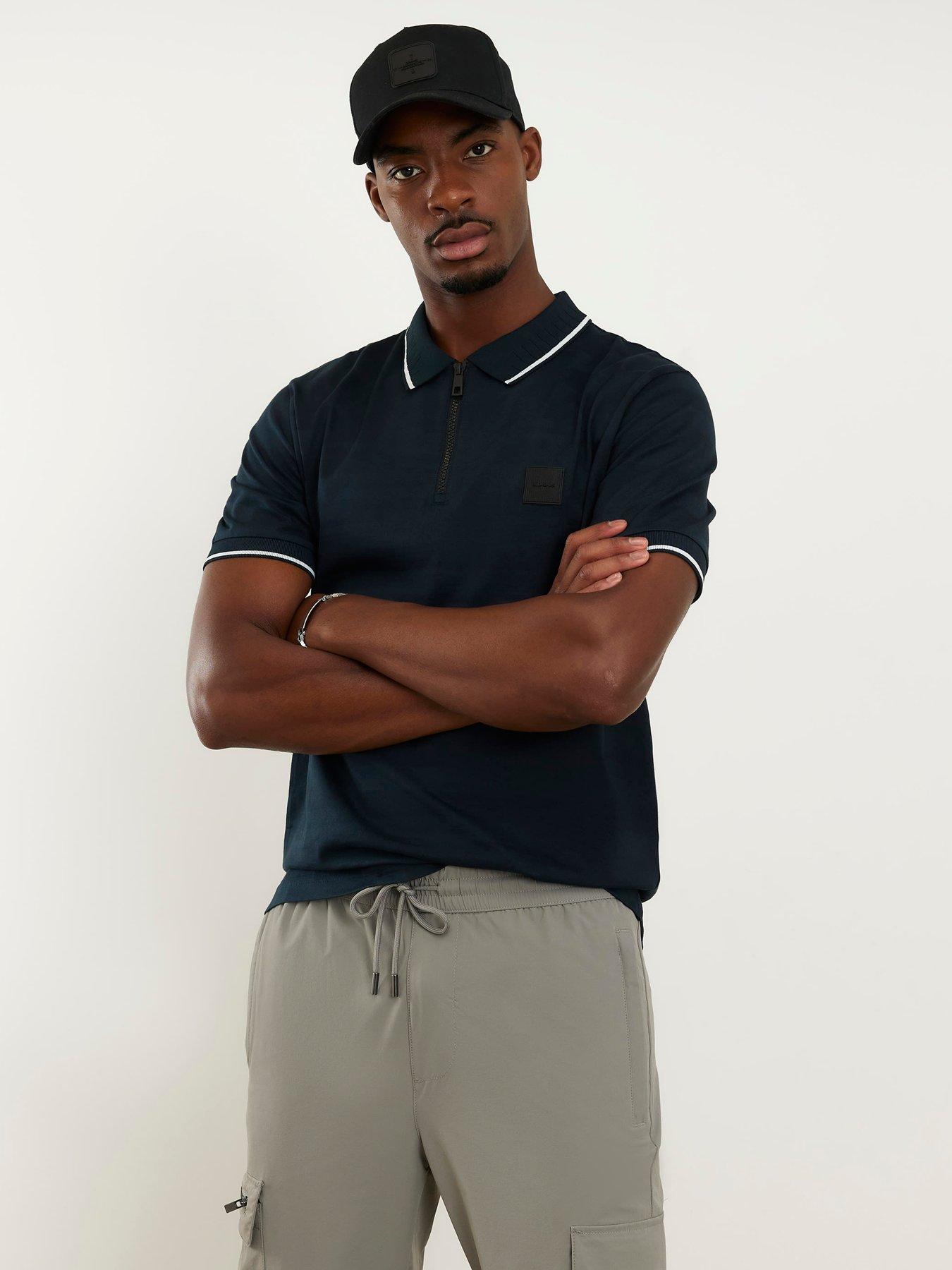 river-island-slim-jacquard-stripe-polo-shirt-navyfront