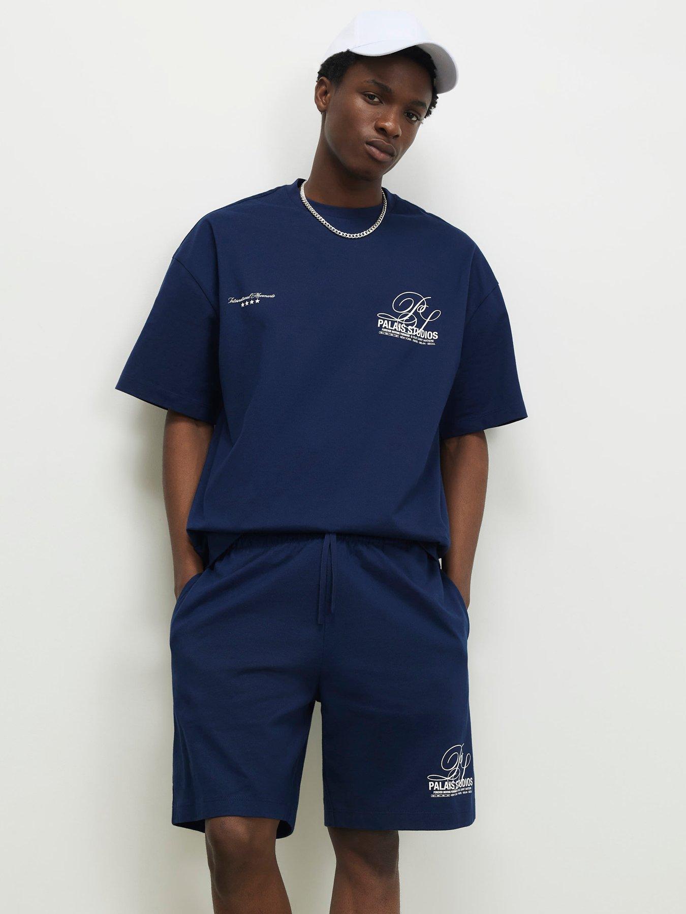 Image 1 of 4 of River Island Short Sleeve Boxy T-Shirt And Short Set - Navy