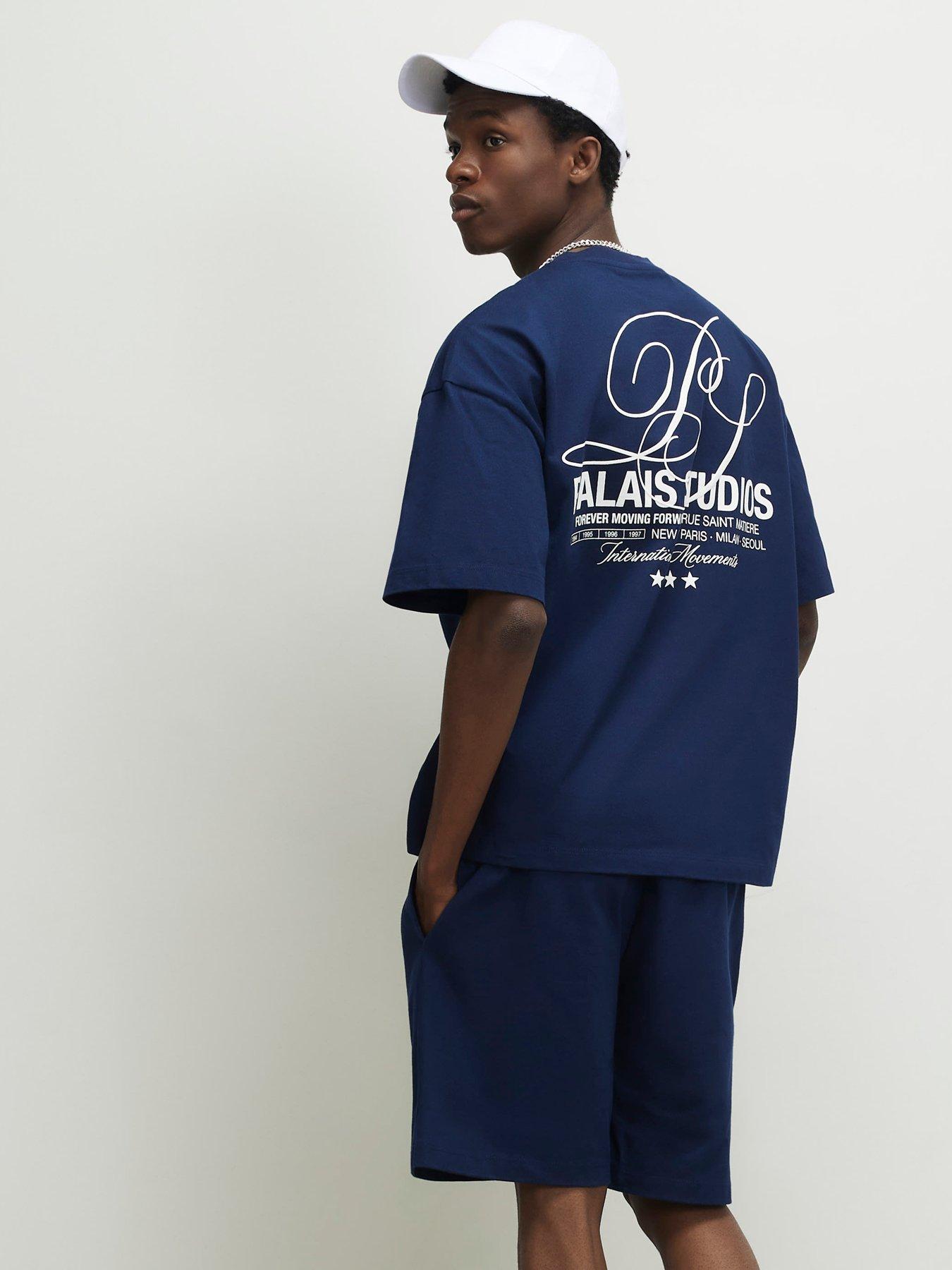 Image 4 of 4 of River Island Short Sleeve Boxy T-Shirt And Short Set - Navy