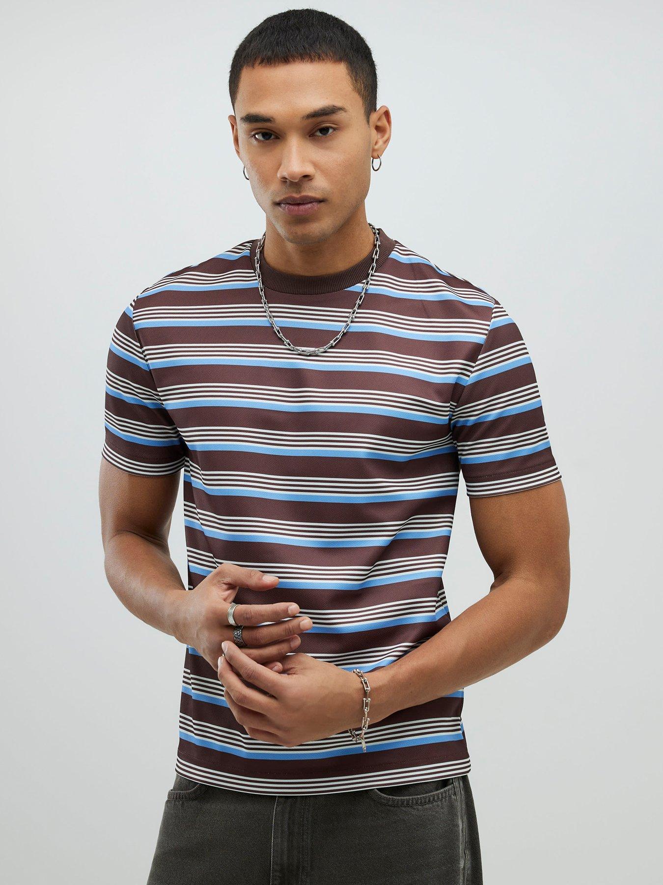 Image 1 of 4 of River Island Slim Pique Stripe Short Sleeve T-Shirt - Brown