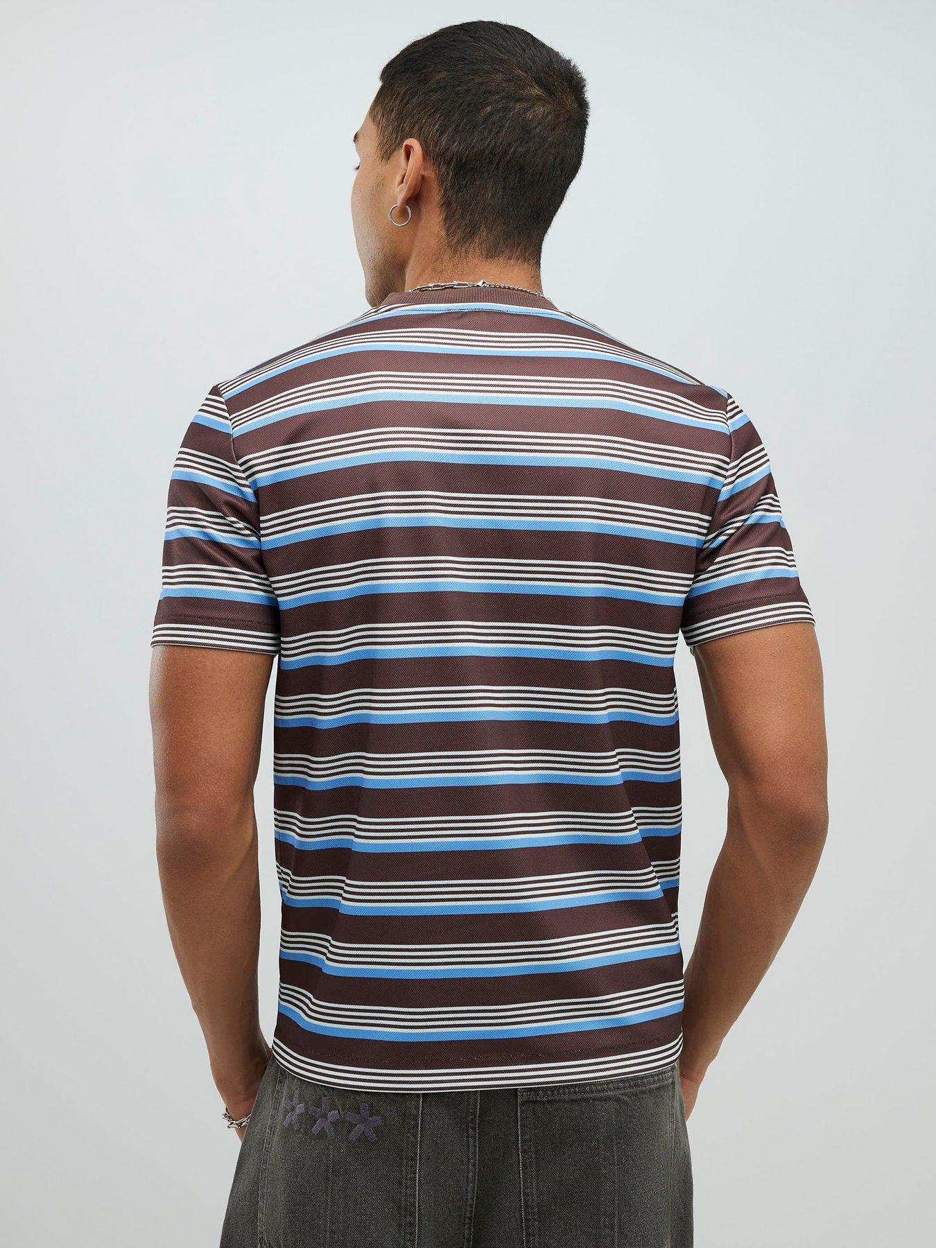 Image 2 of 4 of River Island Slim Pique Stripe Short Sleeve T-Shirt - Brown