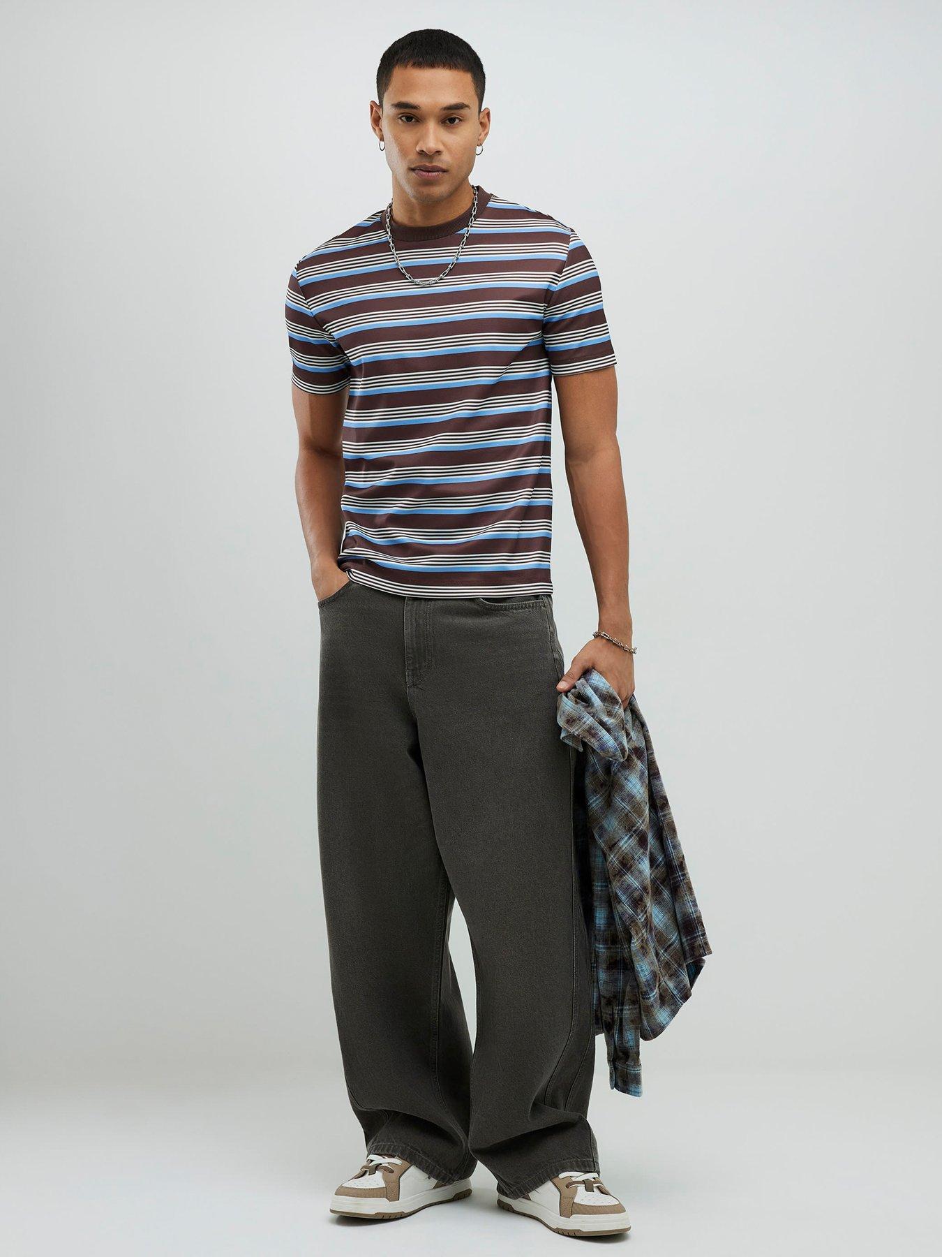 Image 3 of 4 of River Island Slim Pique Stripe Short Sleeve T-Shirt - Brown