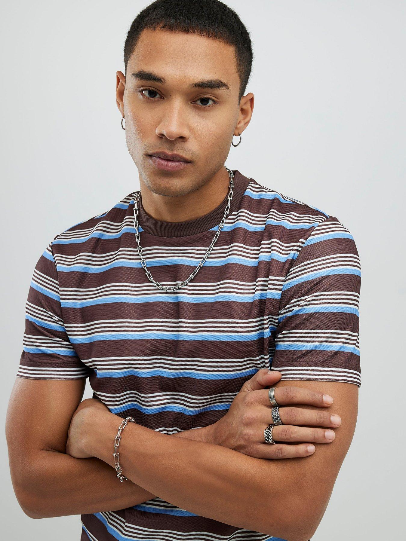 Image 4 of 4 of River Island Slim Pique Stripe Short Sleeve T-Shirt - Brown