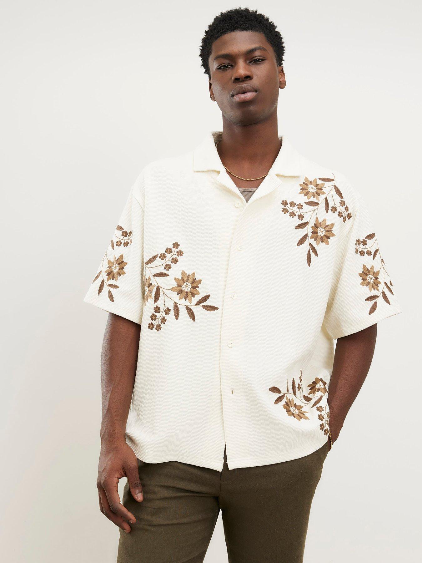 River Island Short Sleeve Floral Textured Shirt - Off White