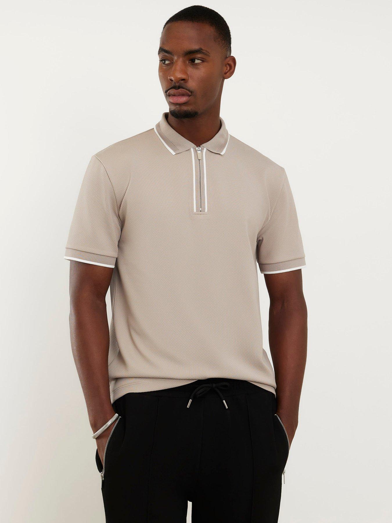 River Island Short Sleeve Slim Zip Polo Shirt - Beige