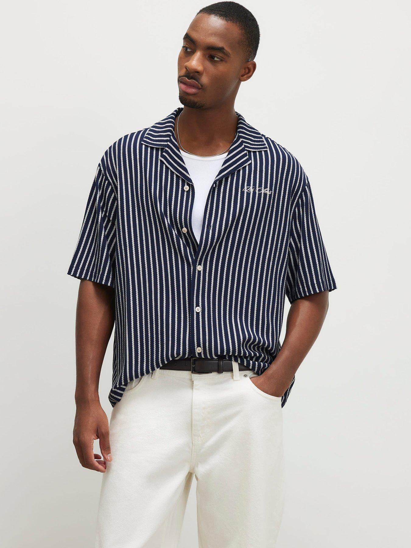 River Island Short Sleeve Reg Textured Stripe Shirt - Navy