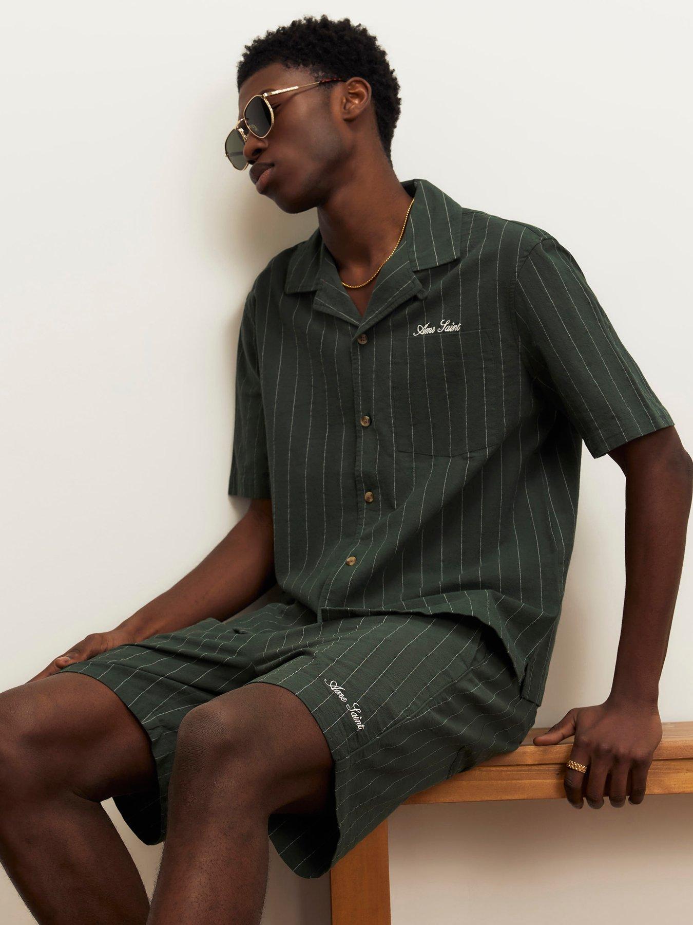 River Island Textured Stripe Short Sleeve Revere Shirt - Green