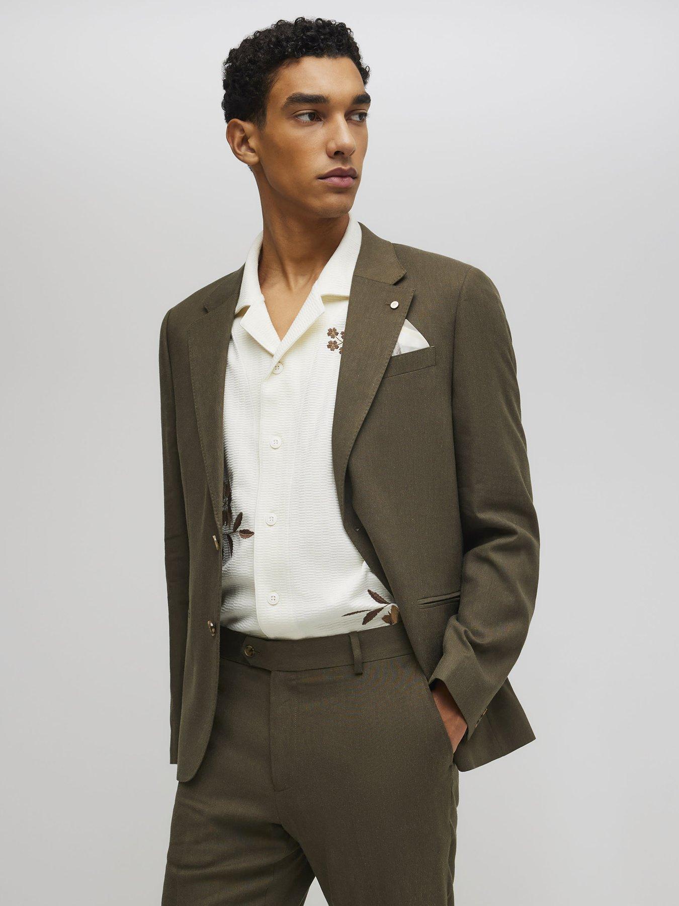 River Island Linen Blend Slim Suit Blazer - Khaki