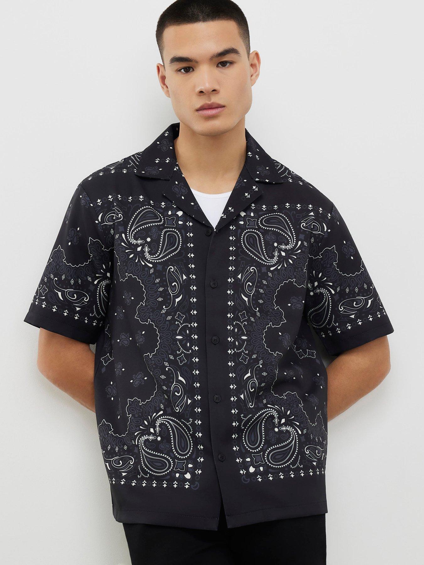 Image 1 of 4 of River Island Short Sleeve Paisley Border Shirt - Black