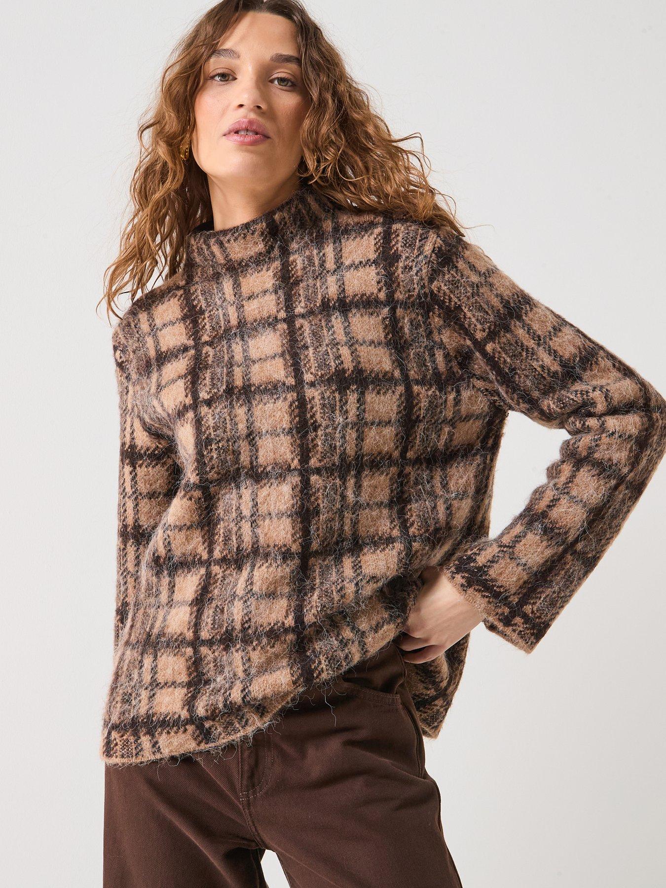 Image 1 of 6 of Only Louise Long Sleeve Check Jumper - Brown