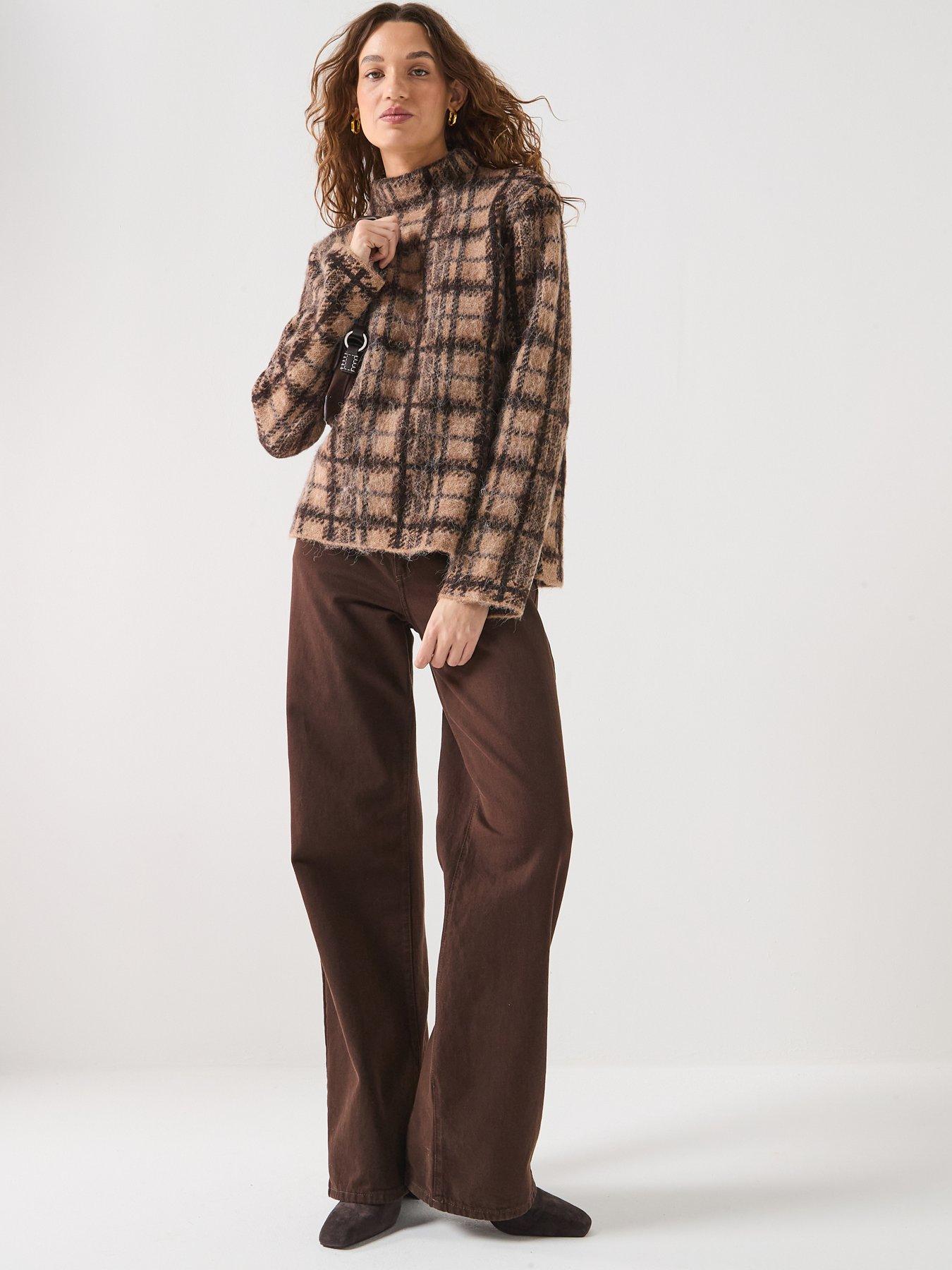 Image 3 of 6 of Only Louise Long Sleeve Check Jumper - Brown