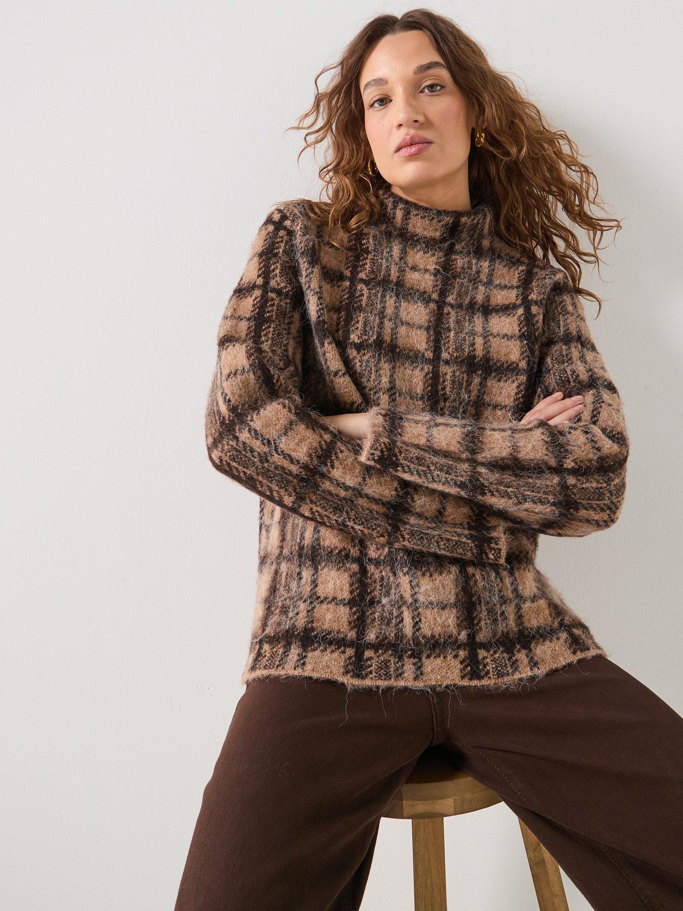 Image 4 of 6 of Only Louise Long Sleeve Check Jumper - Brown