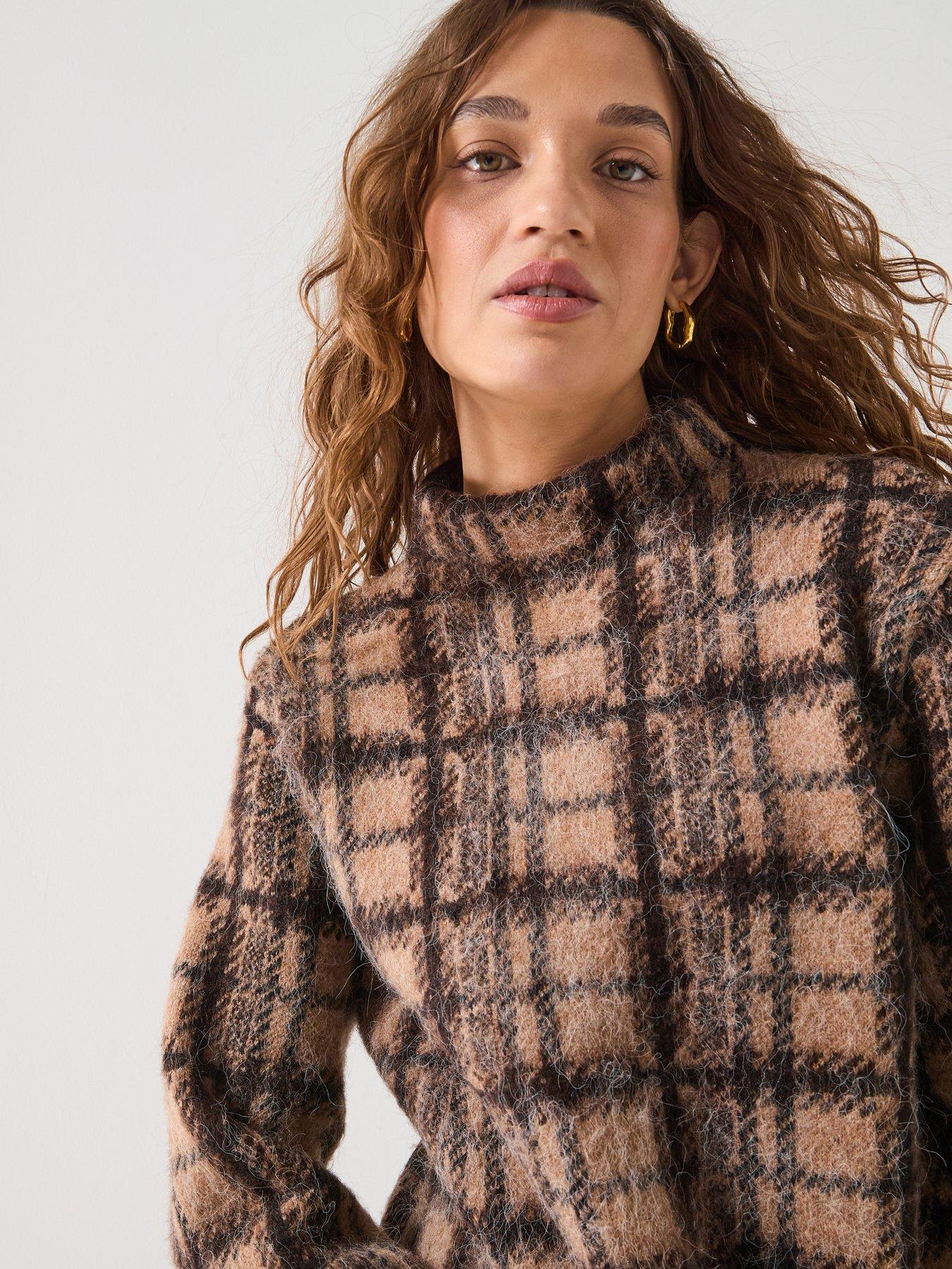 Image 5 of 6 of Only Louise Long Sleeve Check Jumper - Brown