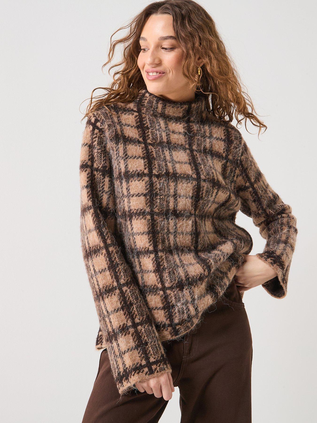 Image 6 of 6 of Only Louise Long Sleeve Check Jumper - Brown
