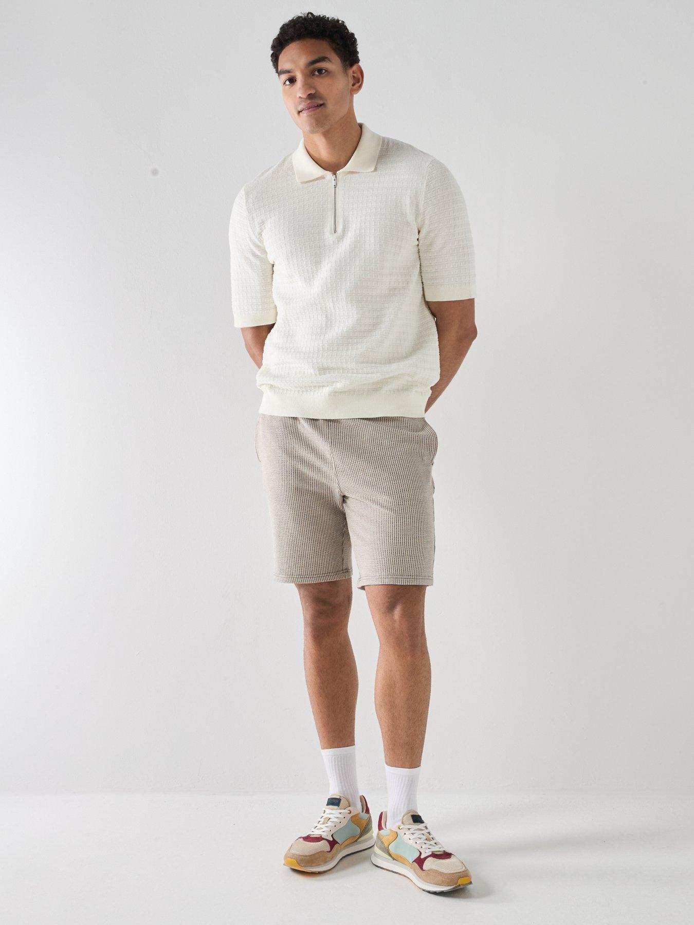 Image 3 of 6 of ONLY & SONS Kian Seersucker Stripe Short Sleeve Shorts - Brown