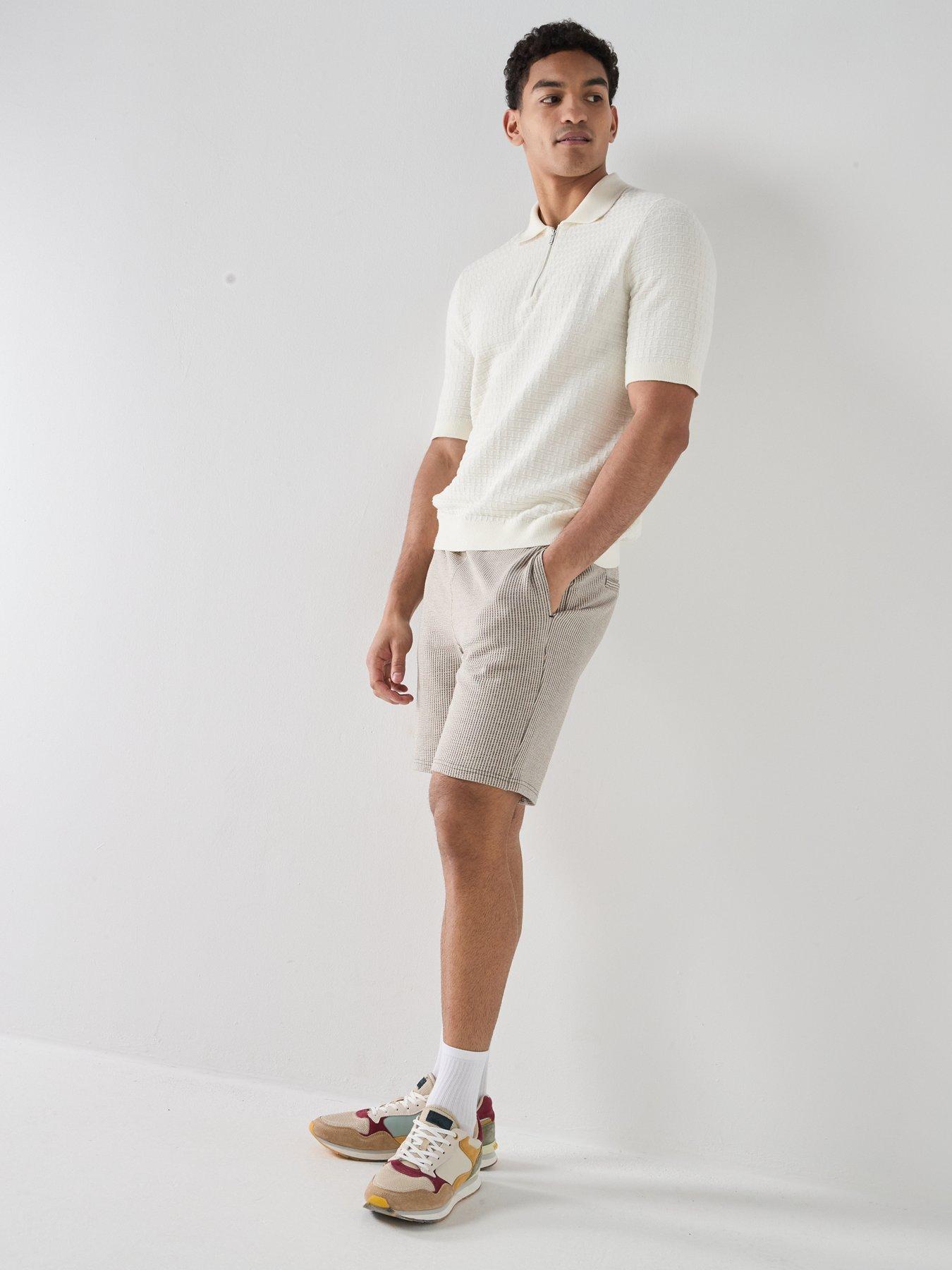 Image 5 of 6 of ONLY & SONS Kian Seersucker Stripe Short Sleeve Shorts - Brown