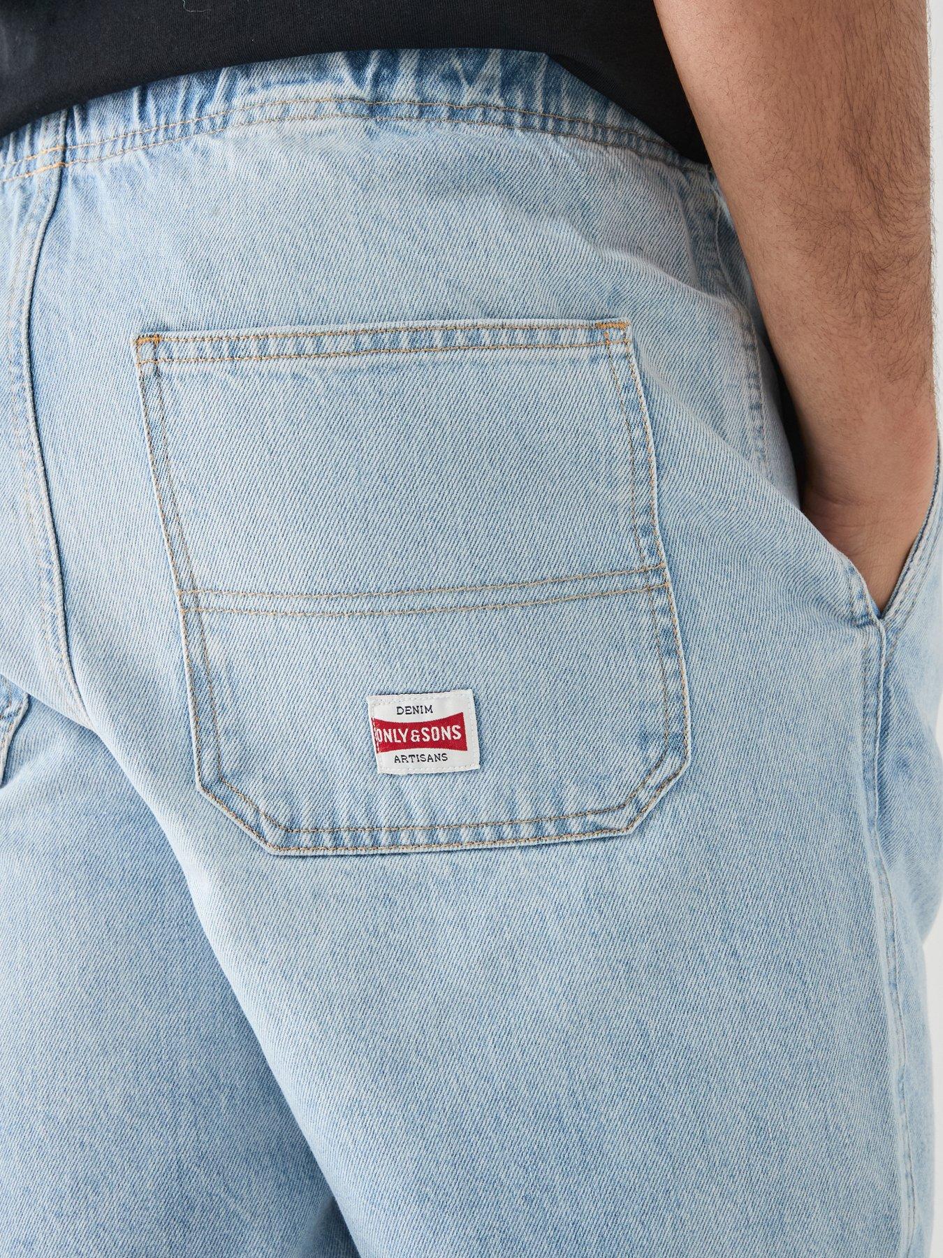 Image 4 of 5 of ONLY & SONS Fade Strings Denim Shorts - Light Blue