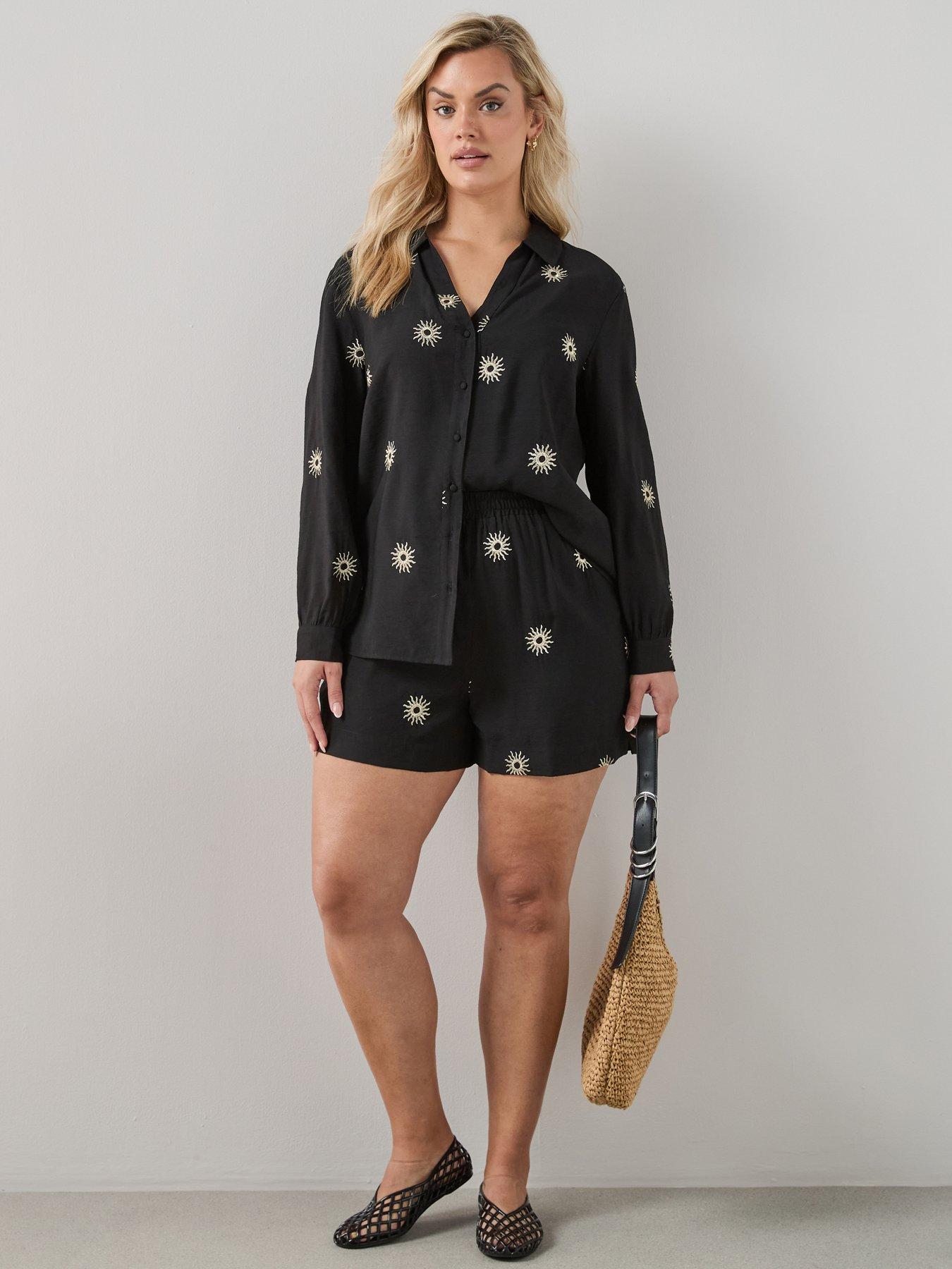 The Very Collection Curve Embroidered Sun Shorts Co-Ord - Black