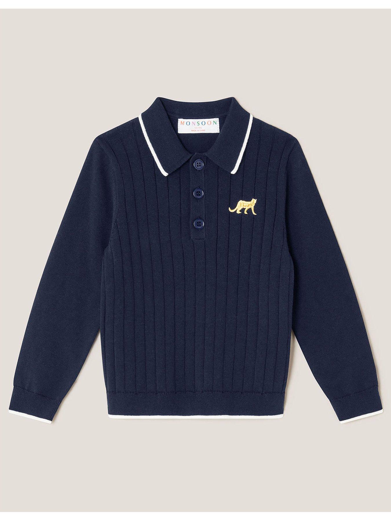 Monsoon Boys Rib Knitted Long Sleeve Polo Shirt - Navy