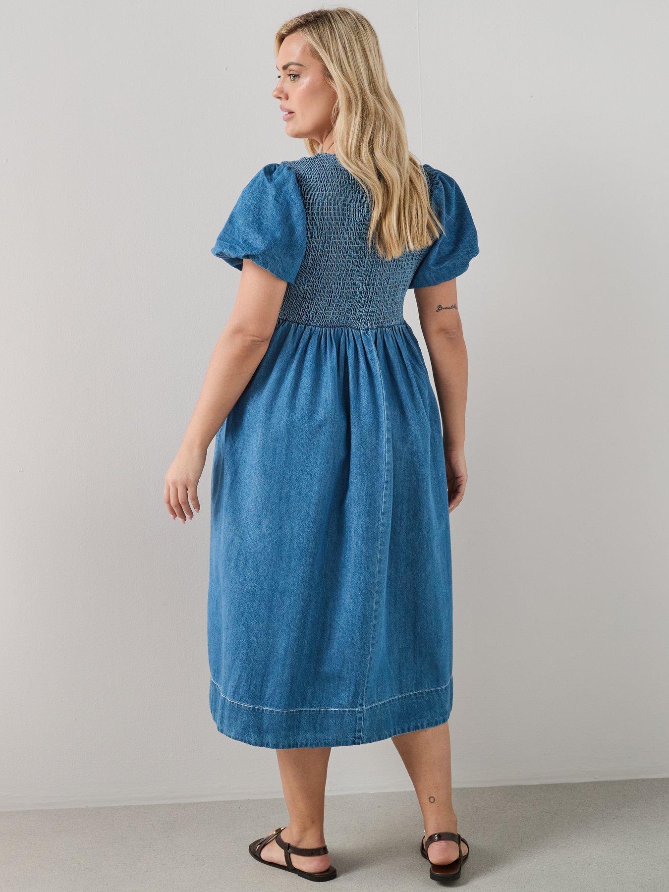 Image 2 of 6 of The Very Collection Curve Stitch Detail Short Sleeve Denim Dress - Mid Wash