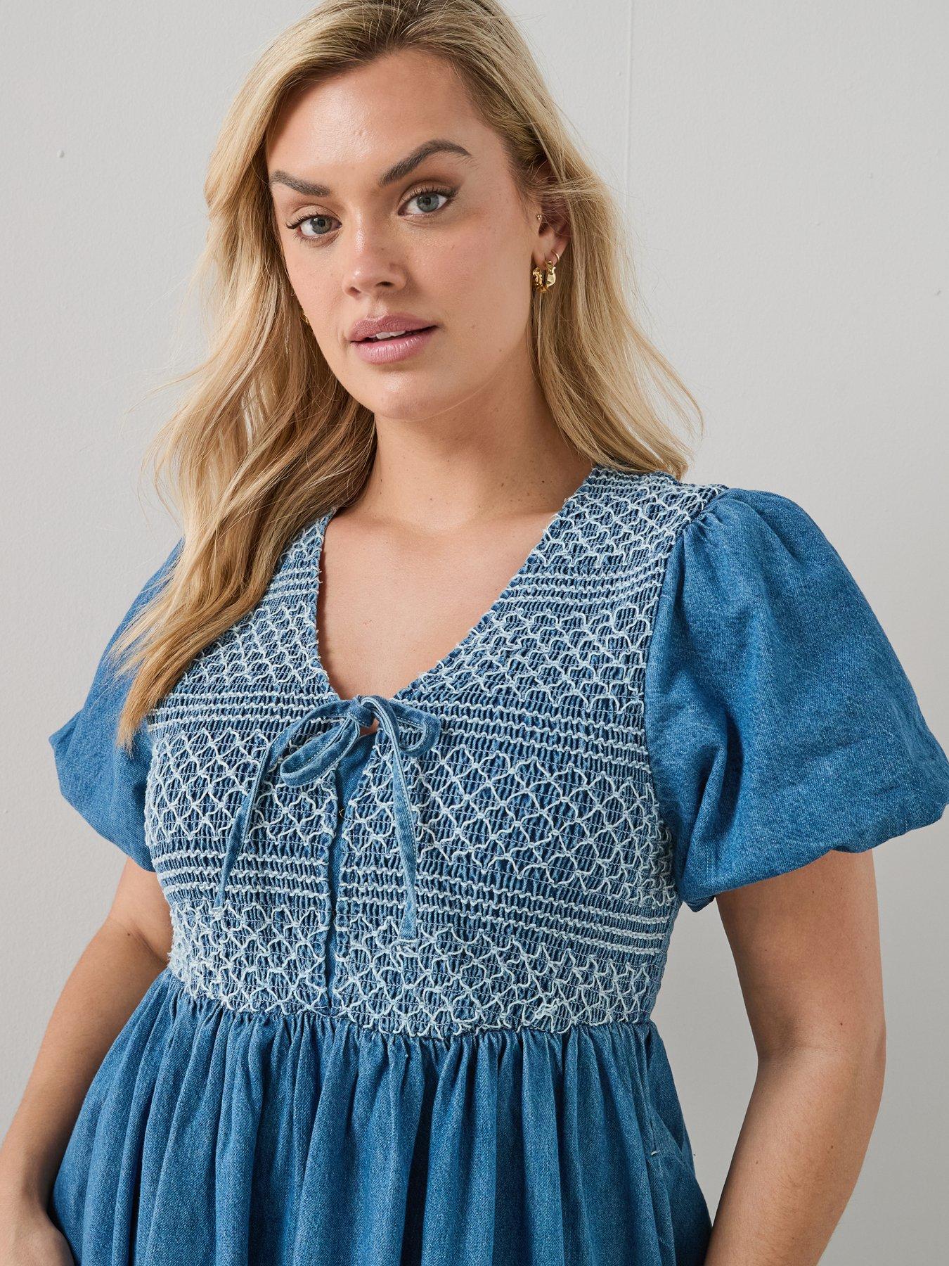 Image 4 of 6 of The Very Collection Curve Stitch Detail Short Sleeve Denim Dress - Mid Wash