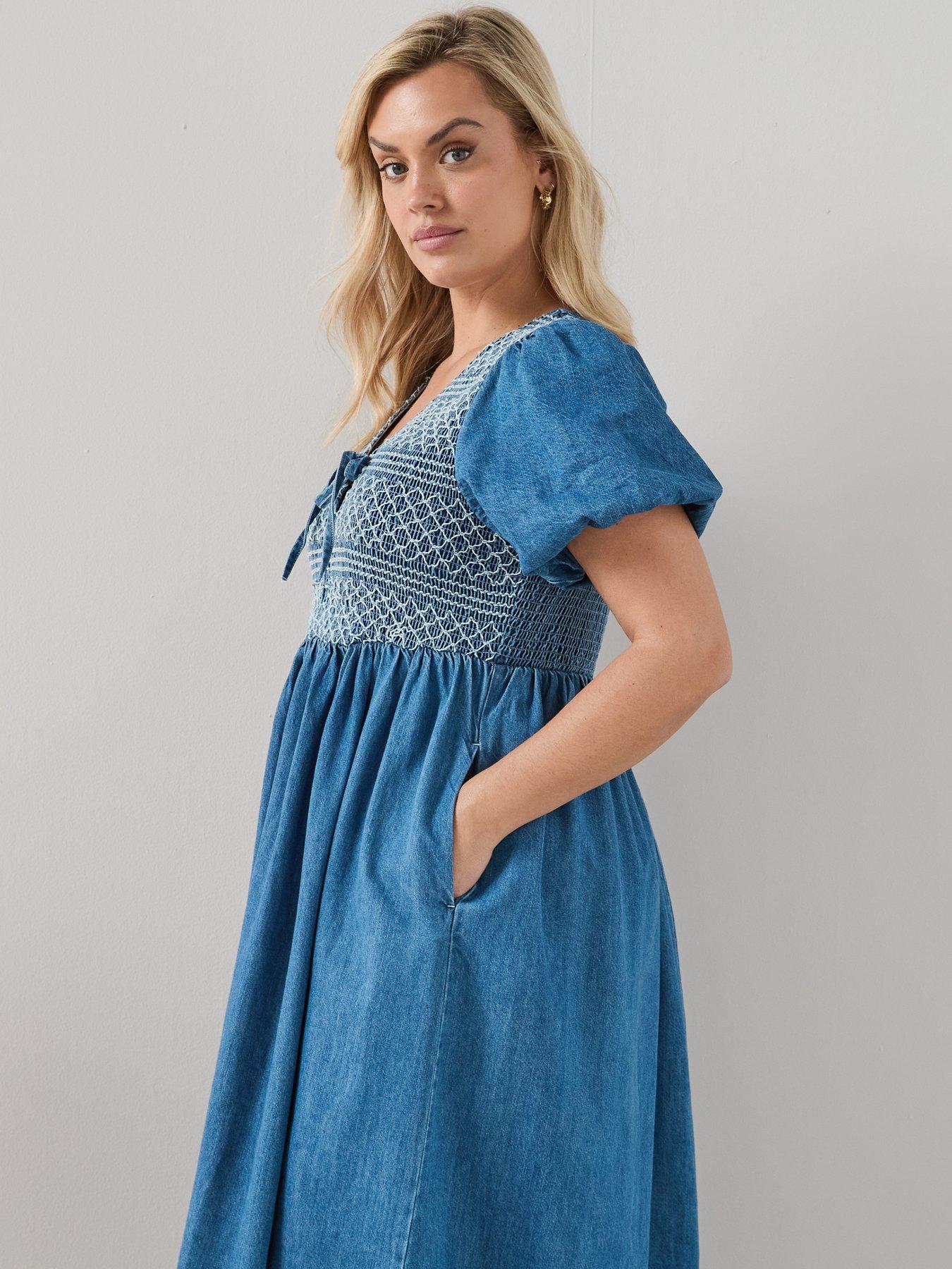Image 5 of 6 of The Very Collection Curve Stitch Detail Short Sleeve Denim Dress - Mid Wash