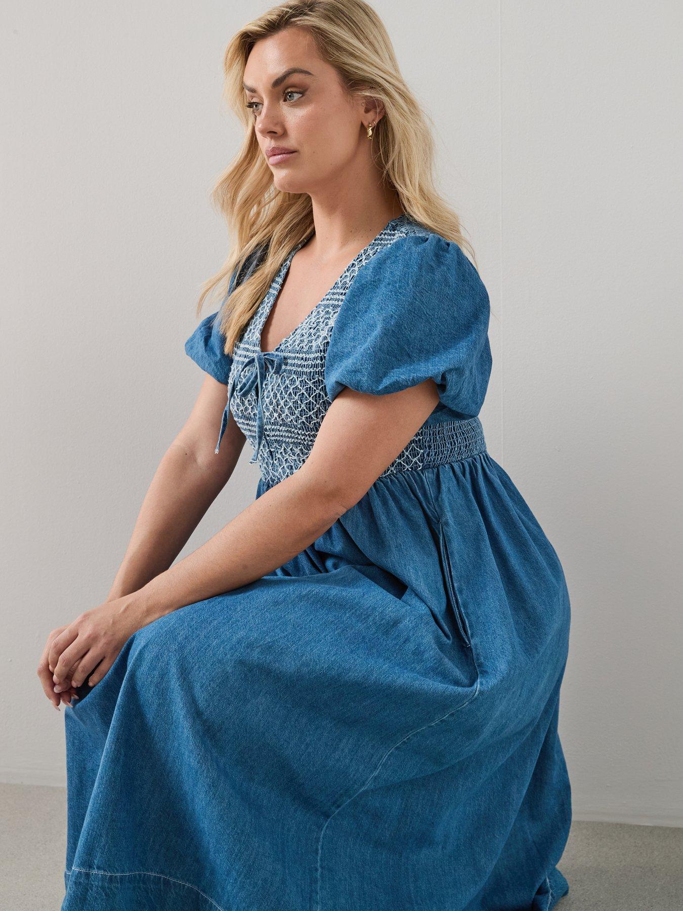 Image 6 of 6 of The Very Collection Curve Stitch Detail Short Sleeve Denim Dress - Mid Wash