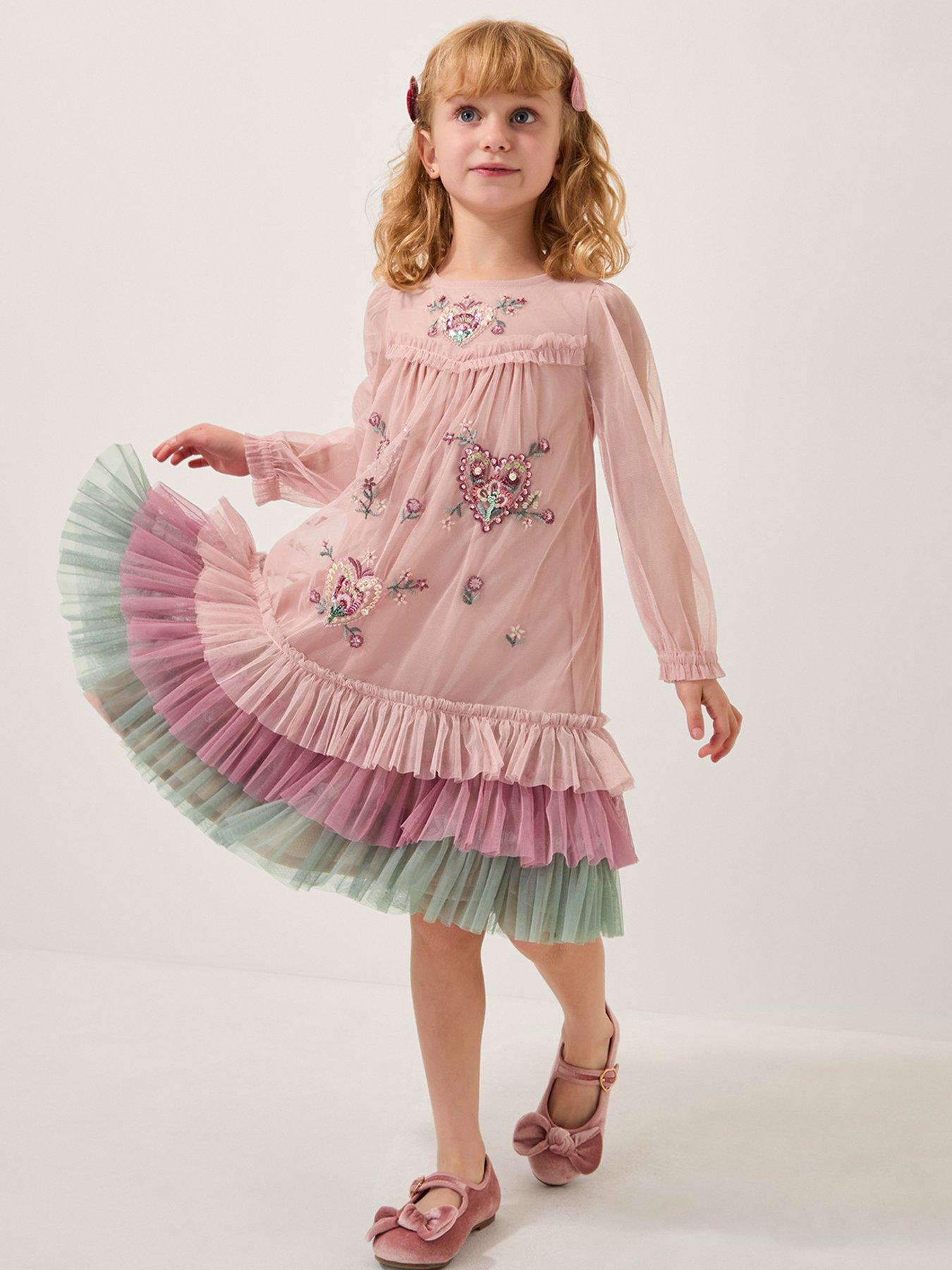 Monsoon Girls Heart Floral Mesh Trapeze Dress - Pink