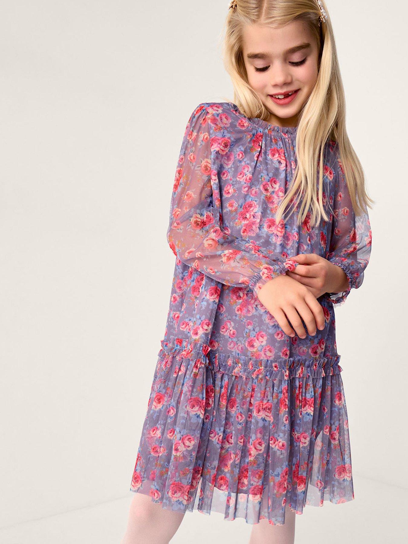 Monsoon Girls Long Sleeve Floral Mesh Dress - Purple